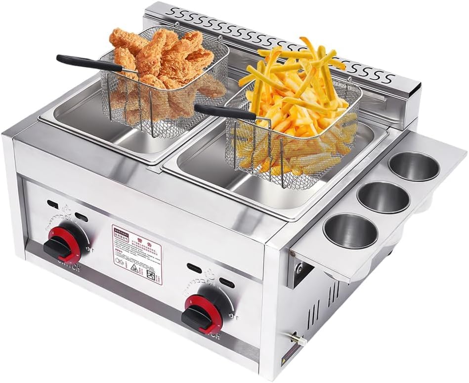 12L Commercial Countertop Deep Gas Fryer - Stainless Steel Outdoor Cooker with 2x 6L Baskets for Chicken, Chips & French Fries - Perfect for Home Kitchen & Restaurant Use