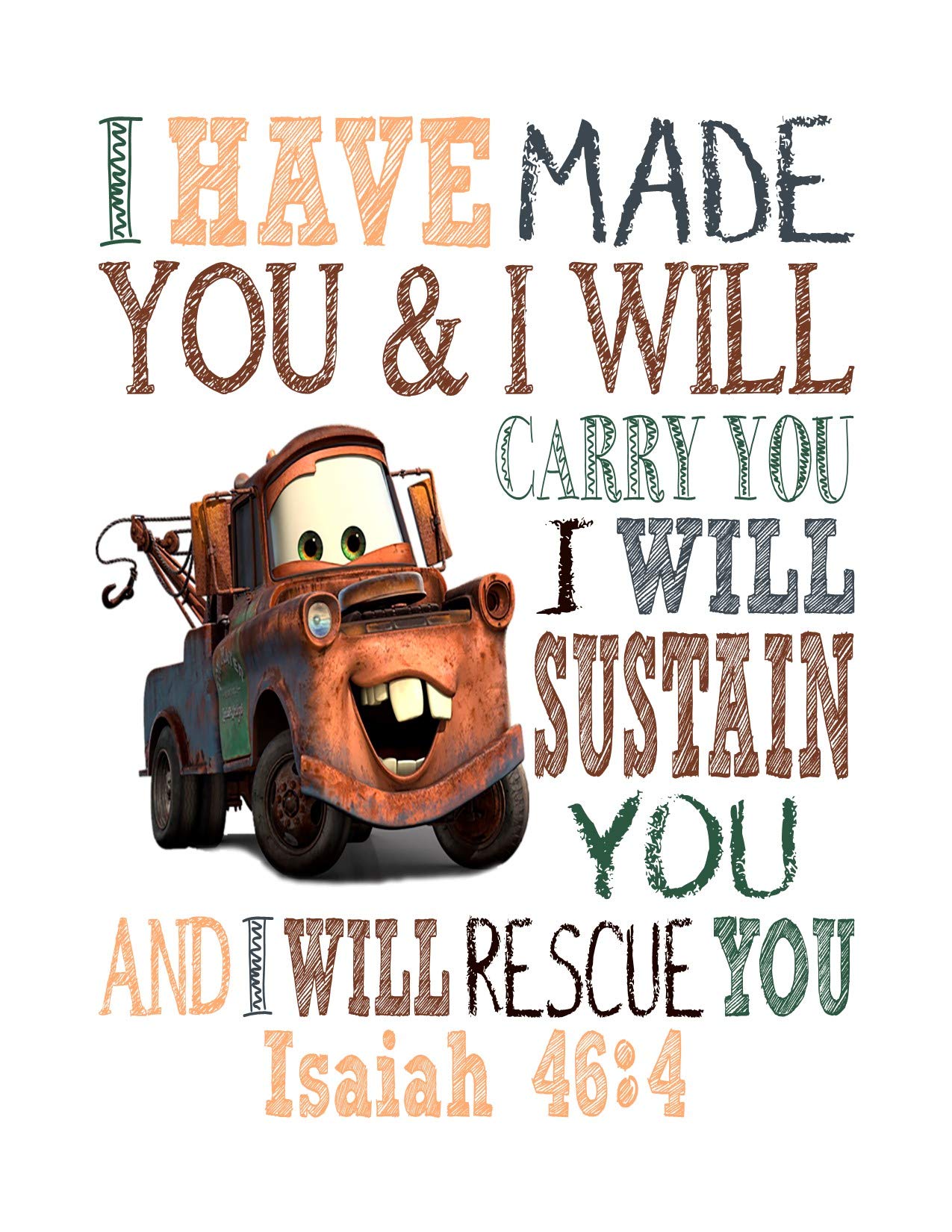 Christian Nursery Wall Art - Set of 4 Unframed Lightning McQueen & Tow Mater Bible Verse Prints for Baby Boys Room Decor | Perfect for Baptism Gifts & Sunday School Classroom