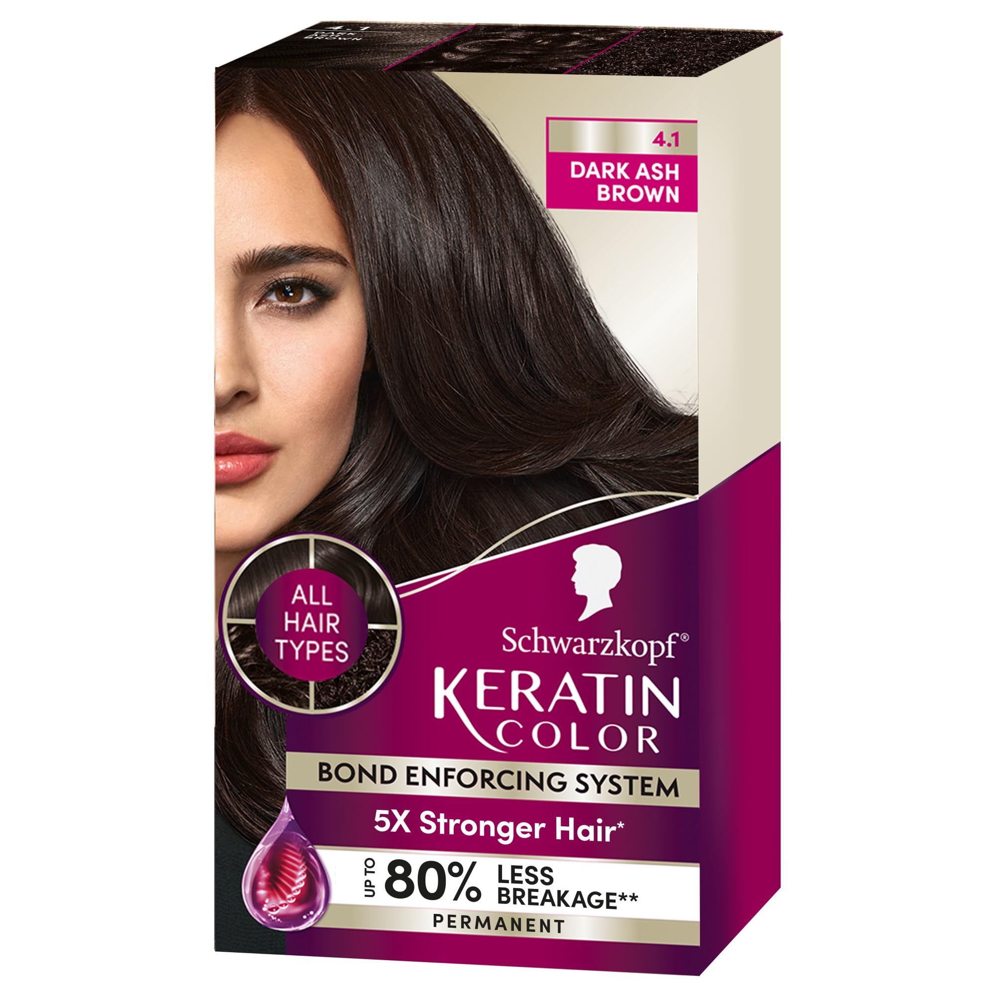 Schwarzkopf Keratin Color Permanent Hair Dye Cream - 4.1 Dark Ash Brown (1 Count) | Long-Lasting Color with Keratin | At-Home Salon Quality Hair Coloring for Women & Men