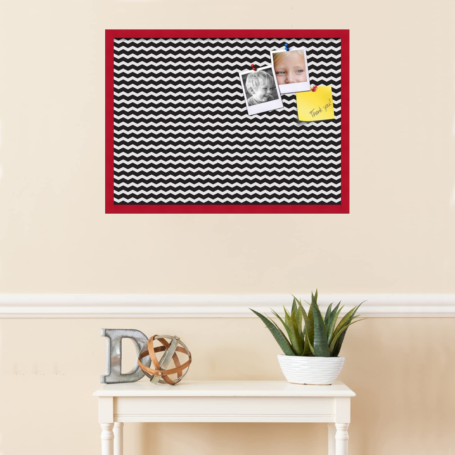 PinPix 30x22 Inch Cork Bulletin Board - Black & White Chevron Design with Red Beech Frame - Stylish Home Office Decor for Notes, Photos & Reminders - Perfect Wall Organizer for Kitchen, Bedroom or Workspace (PinPix-118)