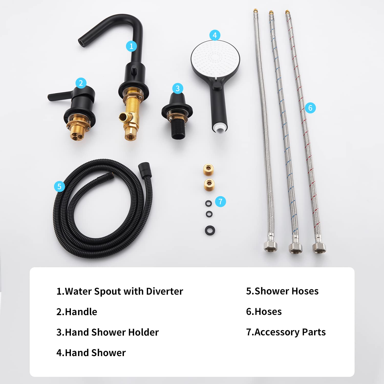 CREA Black Roman Tub Faucet Set - 3-Hole Deck Mount with Hand Shower, Spout Diverter & Pull-Out Sprayer for Bathtub | Modern Bathroom Faucet for Spa-Like Relaxation & Luxury Bathing Experience