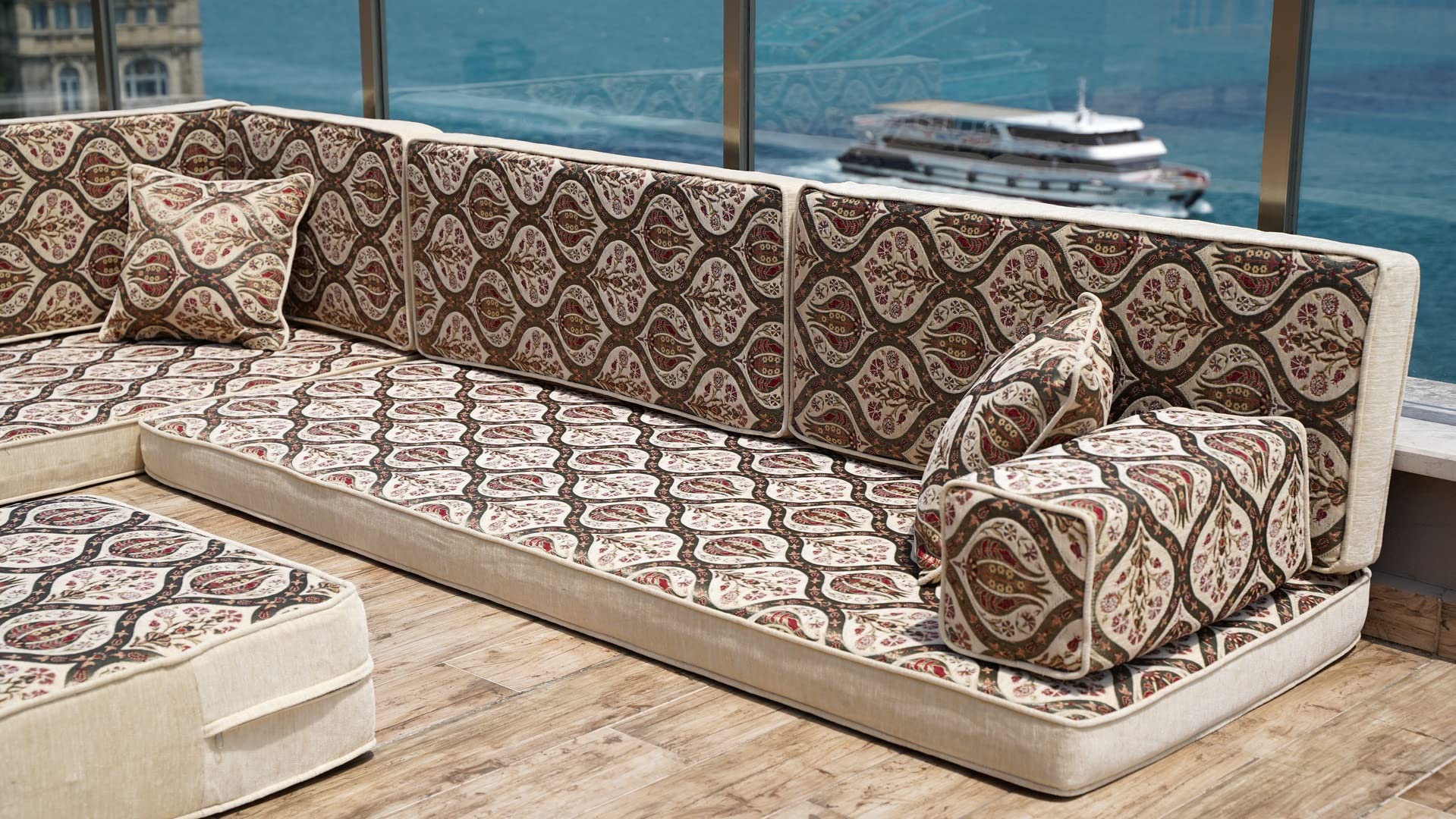 Handmade L-Shaped Arabic Floor Sofa Set - Traditional Moroccan Majlis Seating with Ottoman | Turkish & Middle Eastern Style Sectional Couch for Living Room, Lounge, and Cultural Gatherings