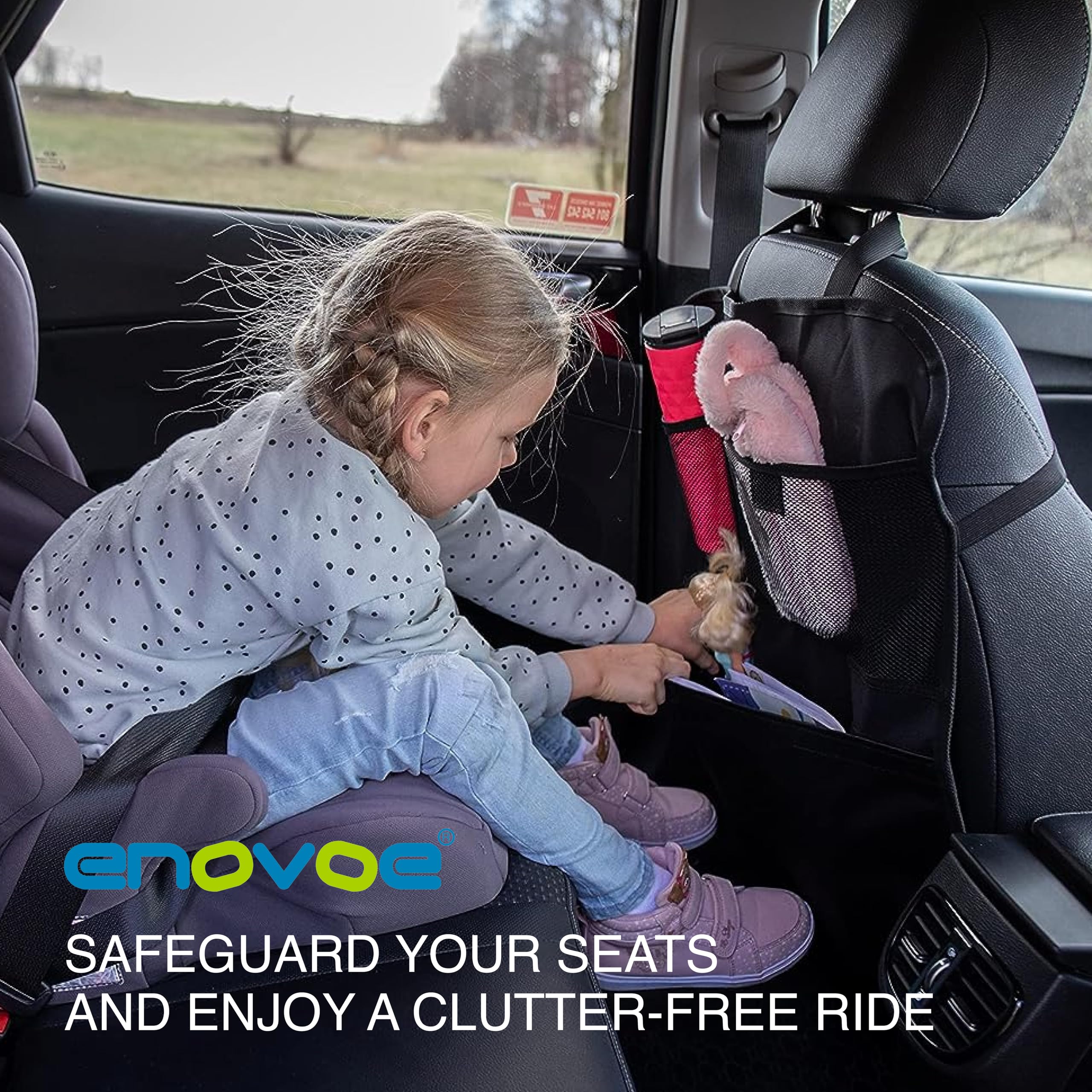 Enovoe Extra Large Back Seat Cover for Kids - 2 Pack Waterproof Car Seat Protector with Multi-Pocket Storage Organizer | Protects Upholstery from Dirt, Mud & Scratches | Perfect for Road Trips, School Runs & Pet Transport