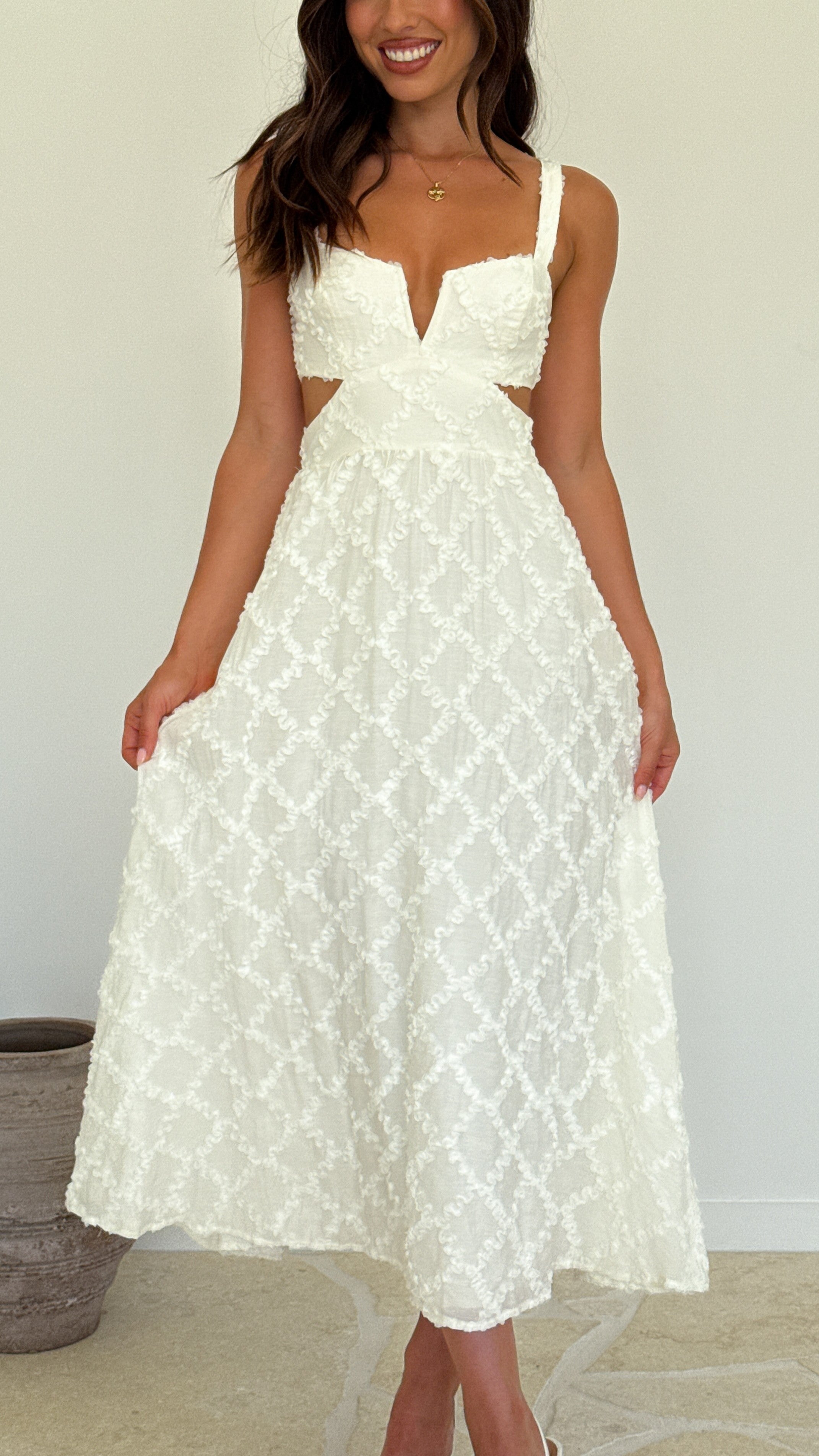 Jenny Side Cut Midi Dress in Cream - Elegant Flowy Summer Dress for Women, Perfect for Beach Vacations, Date Nights & Cocktail Parties