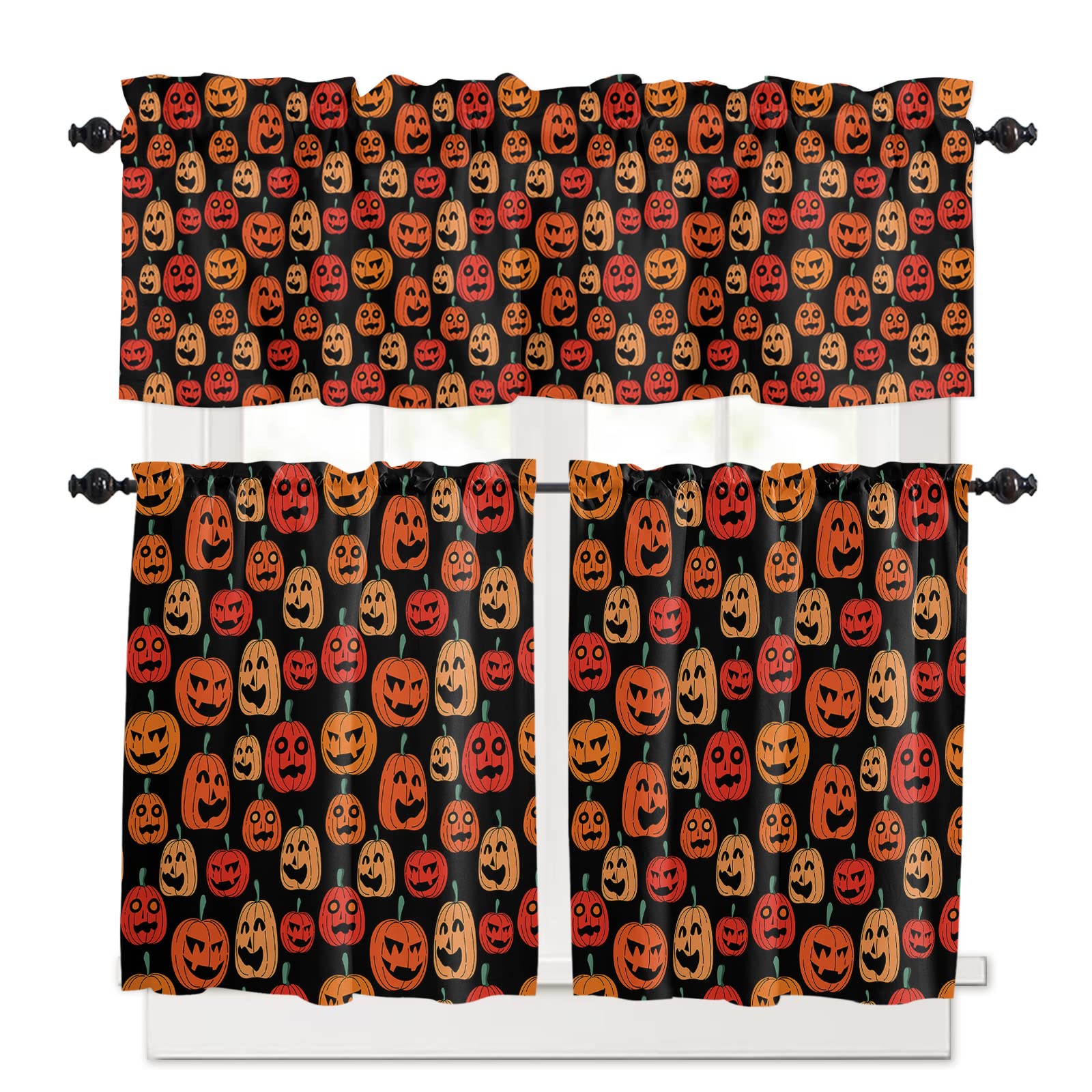 3-Piece Pumpkin Halloween Kitchen Window Curtain Set with Valance & Tier - Light Filtering Rod Pocket Drapes for Bathroom, Living Room & Kitchen Decor | Seasonal Home Decoration & Party Theme