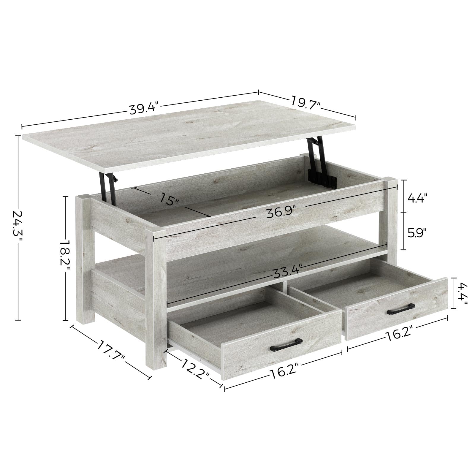 Rolanstar Lift Top Coffee Table with Drawers & Hidden Storage - Solid Wood Lift-Top Living Room Table, Grey - Perfect for Small Spaces, Home Office & Cozy Living Rooms