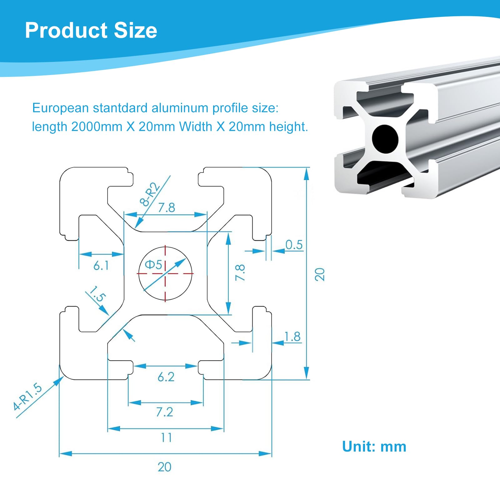 2000mm T Slot Aluminum Extrusion - 10PCS 20x20 European Standard Silver Anodized Linear Rails - High Strength Guide Frame for 3D Printer Parts, CNC Machines & DIY Projects - Perfect for Building Custom Workstations, Robotics & Industrial Automation Systems