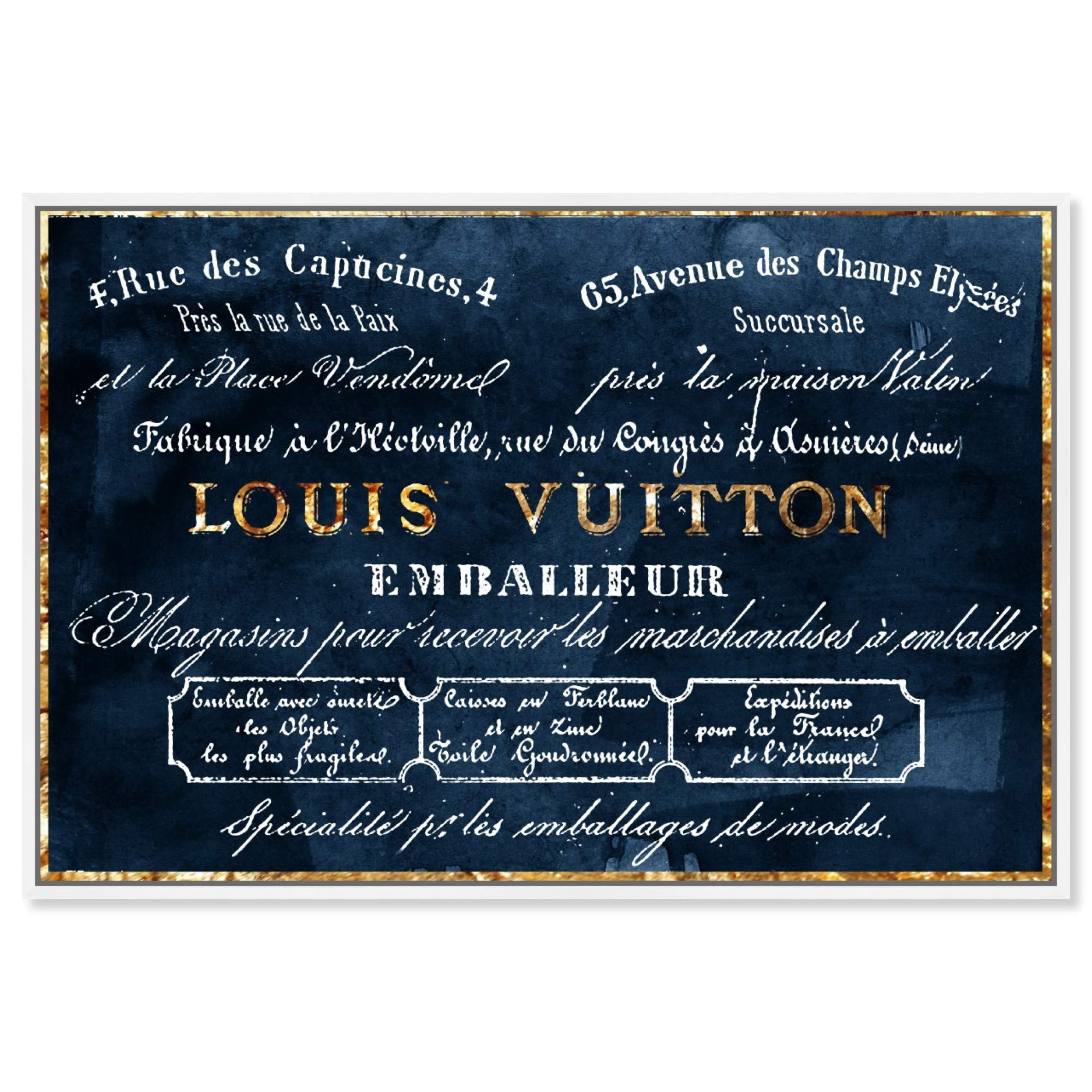 Oliver Gal Artist Co. Framed Wall Art Canvas Print - 'Emballeur Navy' Fashion & Glam Road Sign Home Decor, 30x20 Inches, Blue & Gold - Perfect for Living Room, Bedroom, or Office Wall Decor