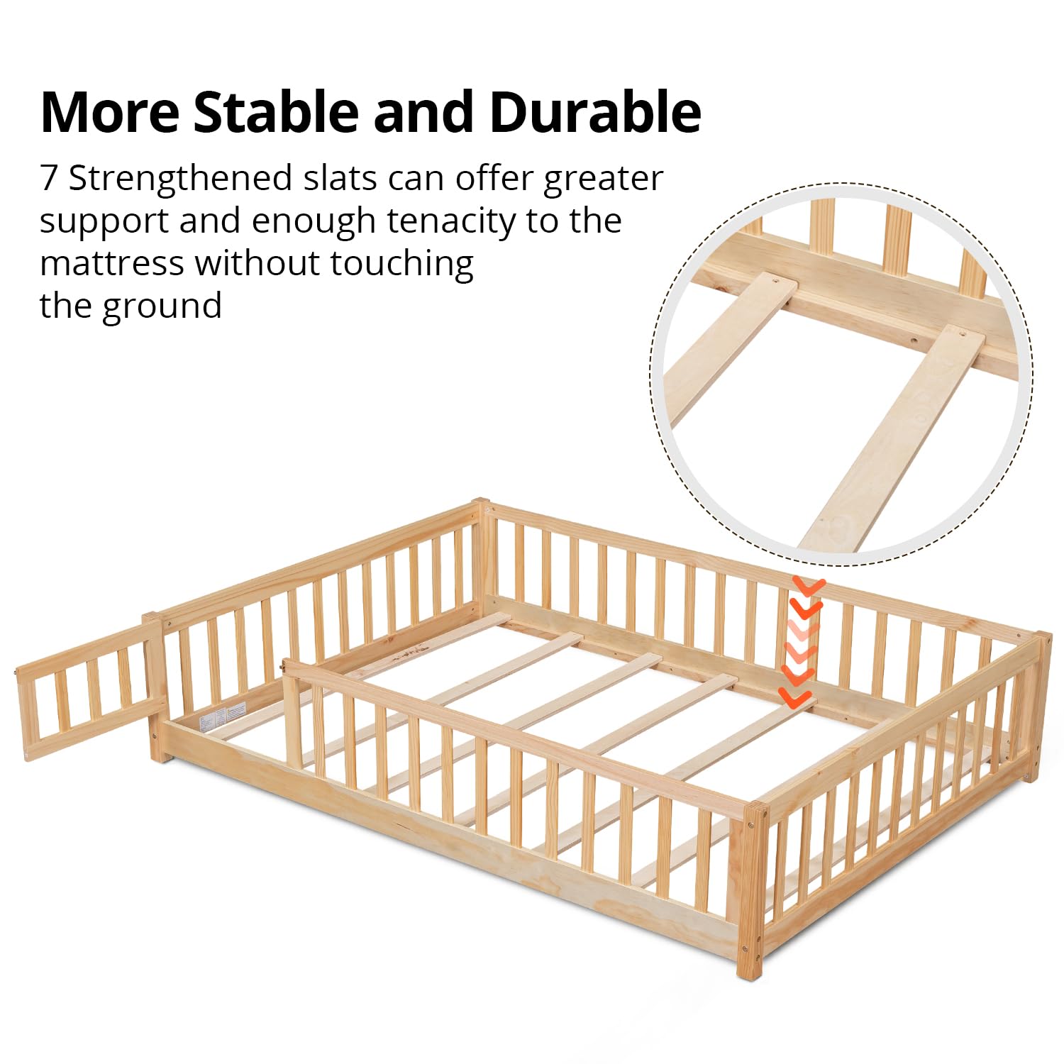 i-POOK Twin Floor Bed for Kids - Solid Wood Montessori Bed Frame with Wood Slats, Safety Fence & Door - Low Profile Toddler Bed for Boys and Girls - Natural Finish (Includes Bed Slats) - Perfect for Montessori Rooms, Daycare Centers & Safe Toddler Sleep Spaces