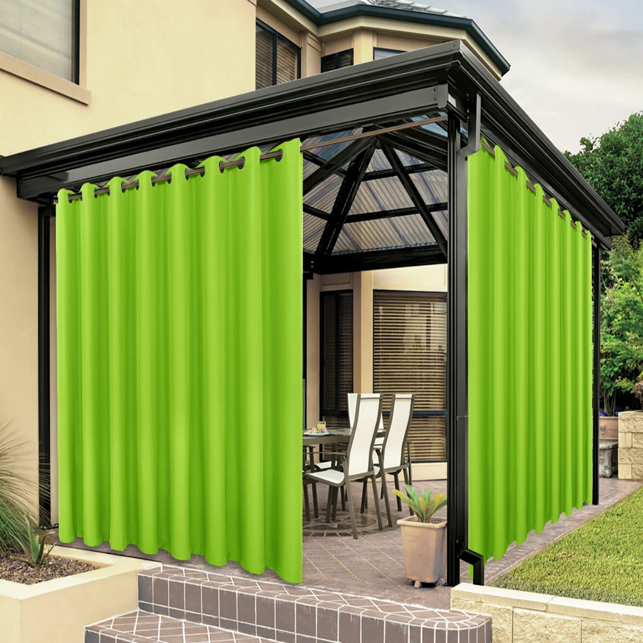 Premium Waterproof Outdoor Curtains for Patio - Heavy Duty Sun Blocking & Privacy Shades - 110 x 95 Inch Green Grommet Panel - Perfect for Porch, Pergola, Gazebo, Poolside & Backyard Relaxation