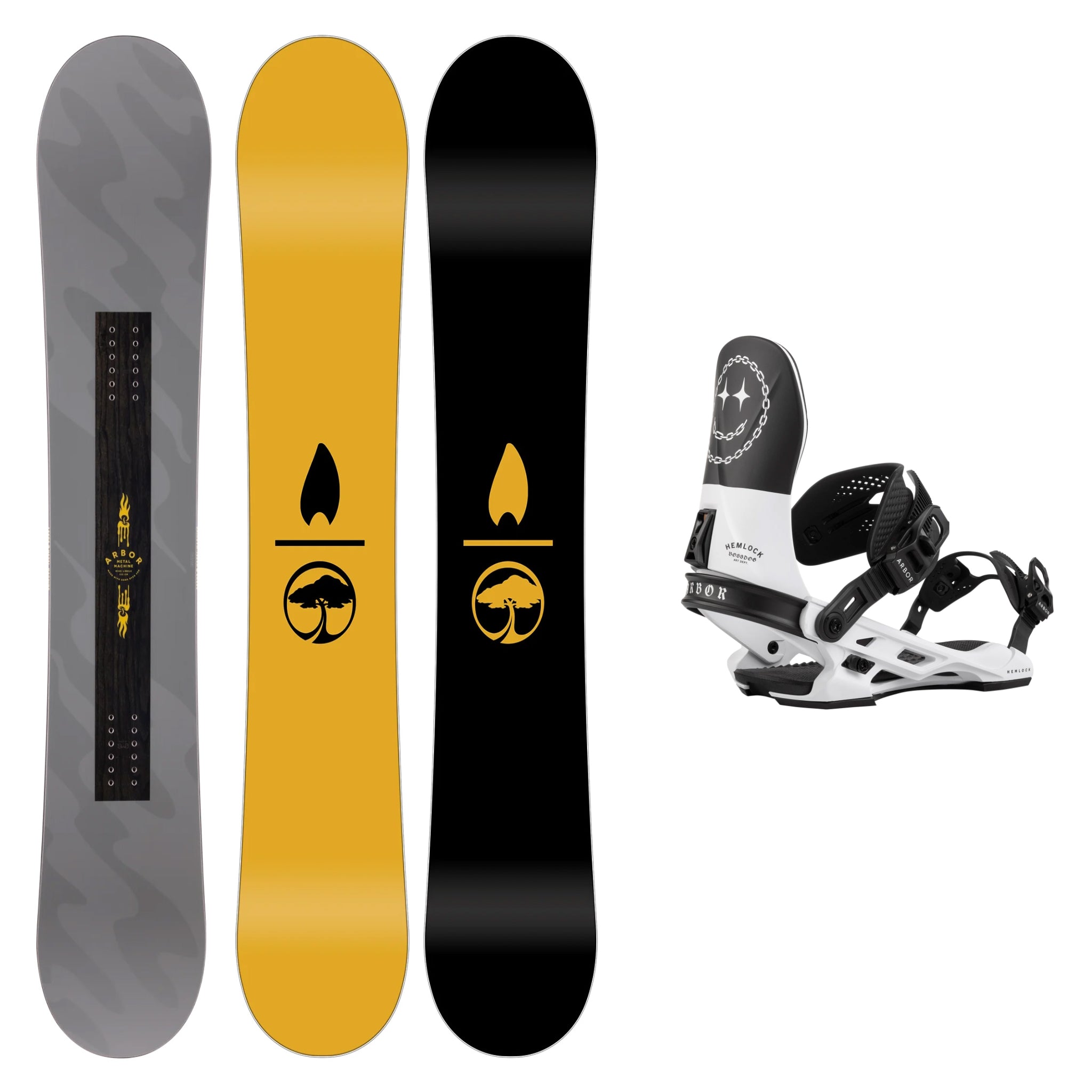**2025 Arbor Metal Machine Camber Snowboard with Hemlock Boss Dog Bindings – All-Mountain Freestyle Snowboard for Powder, Park & Backcountry Riding**