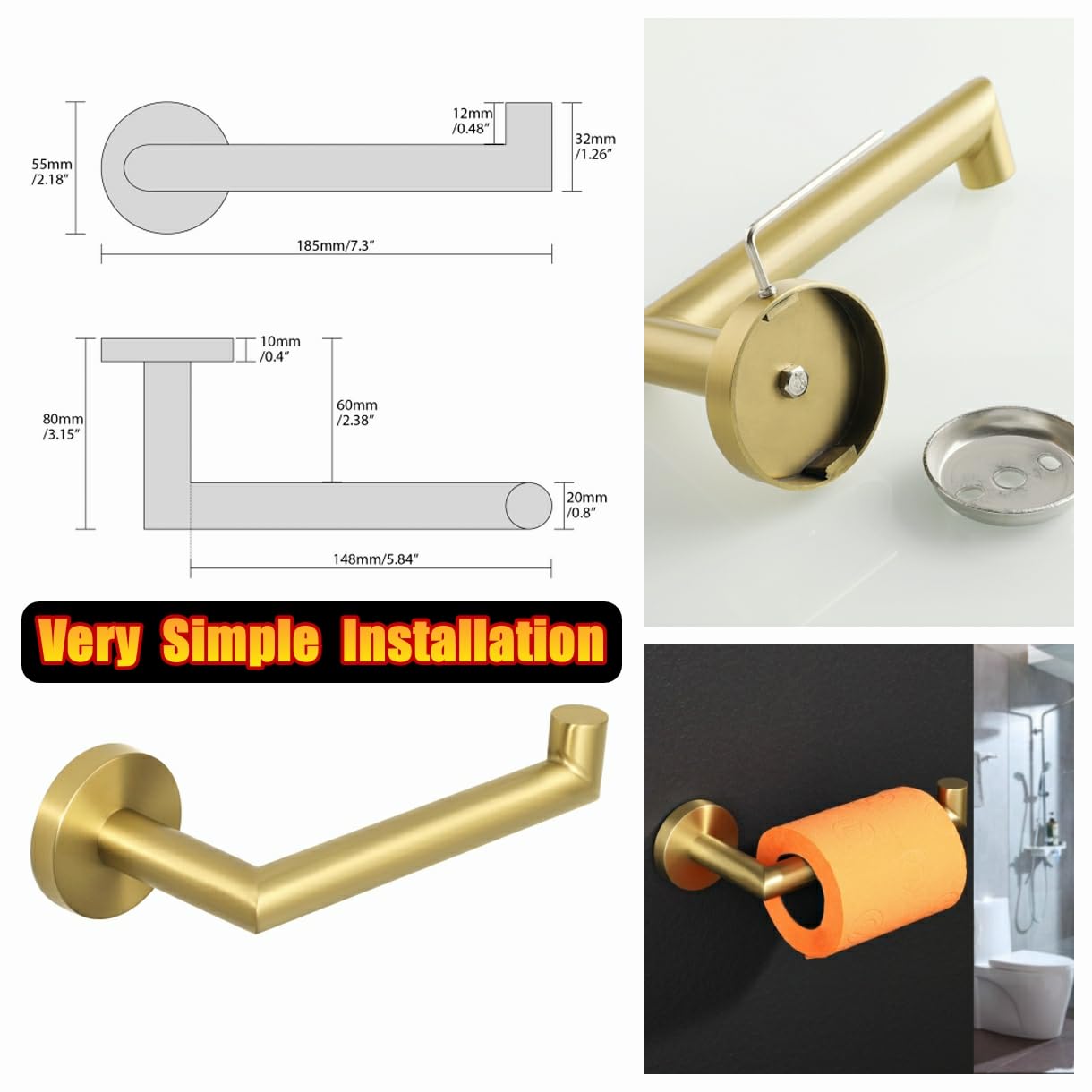 Stainless Steel Toilet Paper Holder Wall Mount - Brushed Gold Bathroom Tissue Roll Dispenser, SUS304 Paper Rack for Home & Office Use - GKN130-G