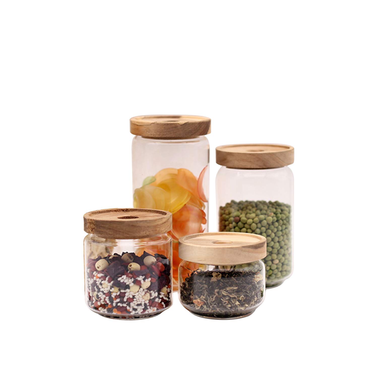 Premium Borosilicate Glass Food Storage Jars Set of 4 with Airtight Wooden Lids - Ideal for Coffee, Tea, Candy, Spice & Dry Food Organization in Kitchen, Pantry or Office