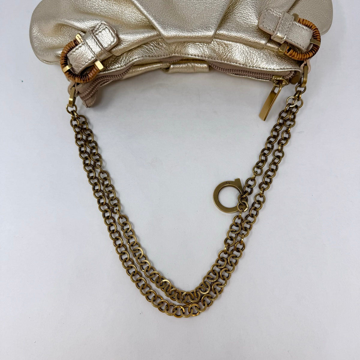 Salvatore Ferragamo Gold Leather Pochette Clutch Bag for Women - Elegant Evening Party & Wedding Accessory