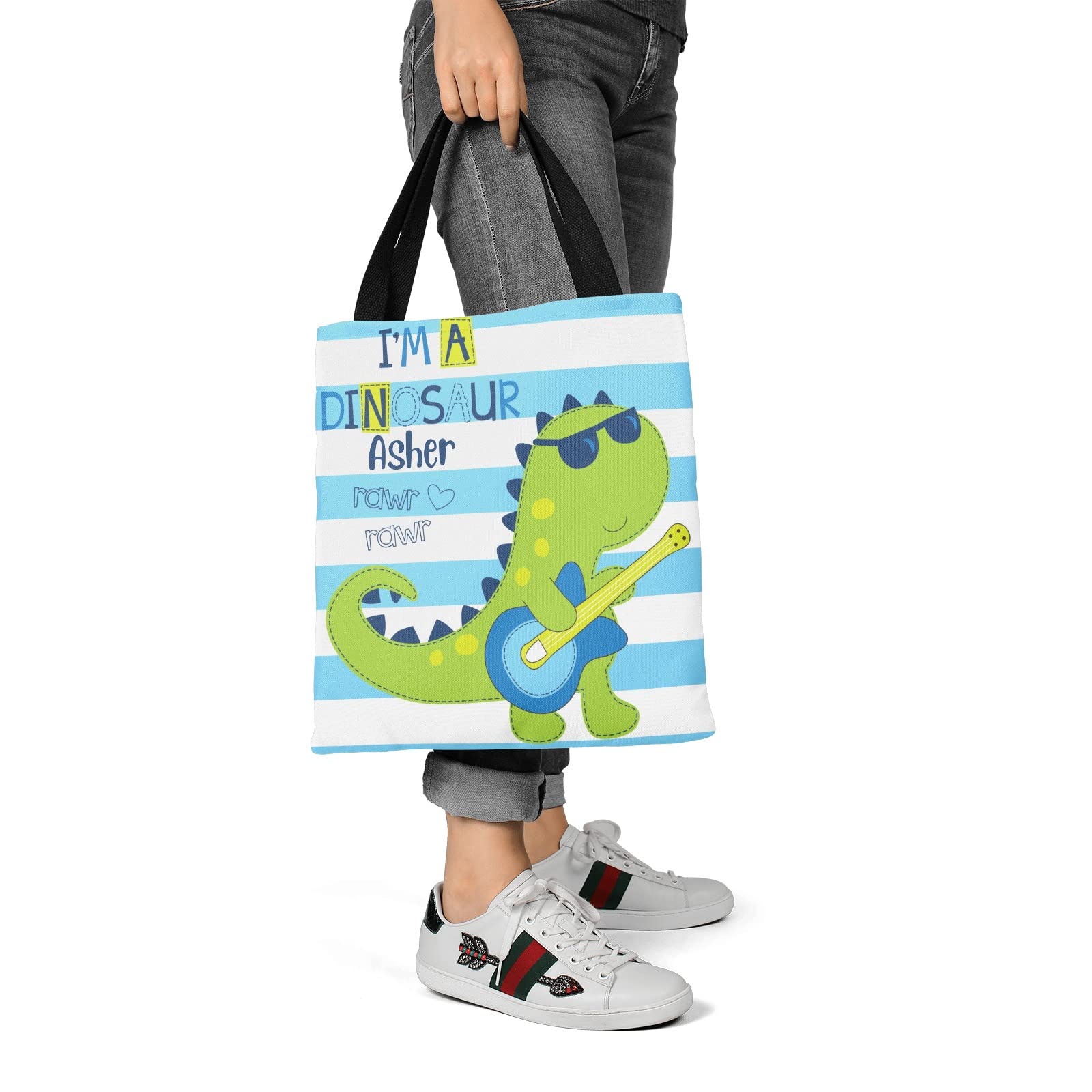 Dinosaur Pink Yellow Personalized Canvas Tote Bags - Reusable Shopping Bags for Women & Men, Eco-Friendly Grocery Tote, School Backpack & Travel Handbag Gift | Perfect for Grocery Shopping, Beach Trips & School Supplies