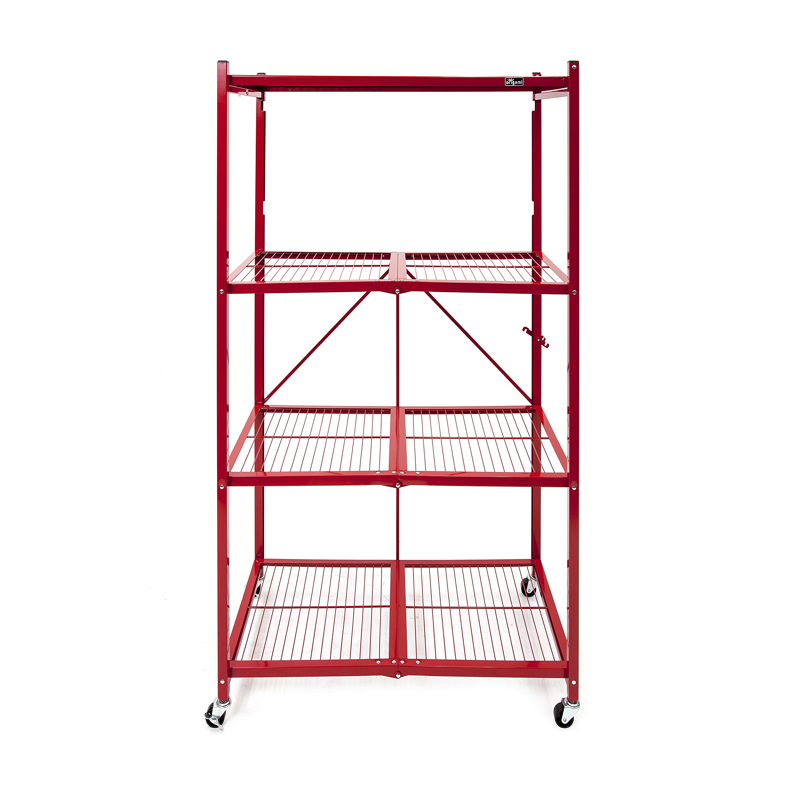 Origami R5 Foldable 4-Tier Heavy Duty Metal Garage Shelving with Wheels - 1000 lbs Capacity Storage Rack for Garage, Basement & Workshop Organization (Red) - Perfect for Storing Tools, Sports Equipment & Home Supplies