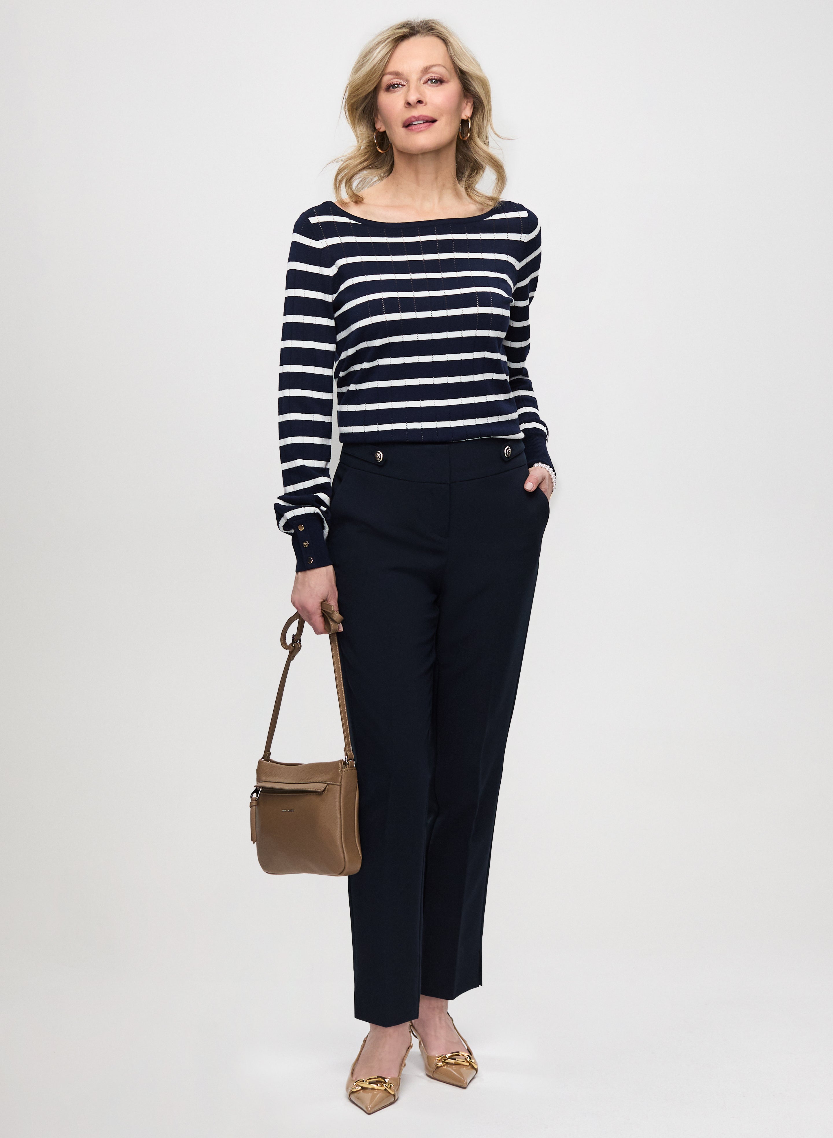 Stylish Striped Sweater & Slim Fit Ankle Pants Set - Women's Casual Knitwear Outfit for Fall Fashion, Office Wear or Weekend Brunch