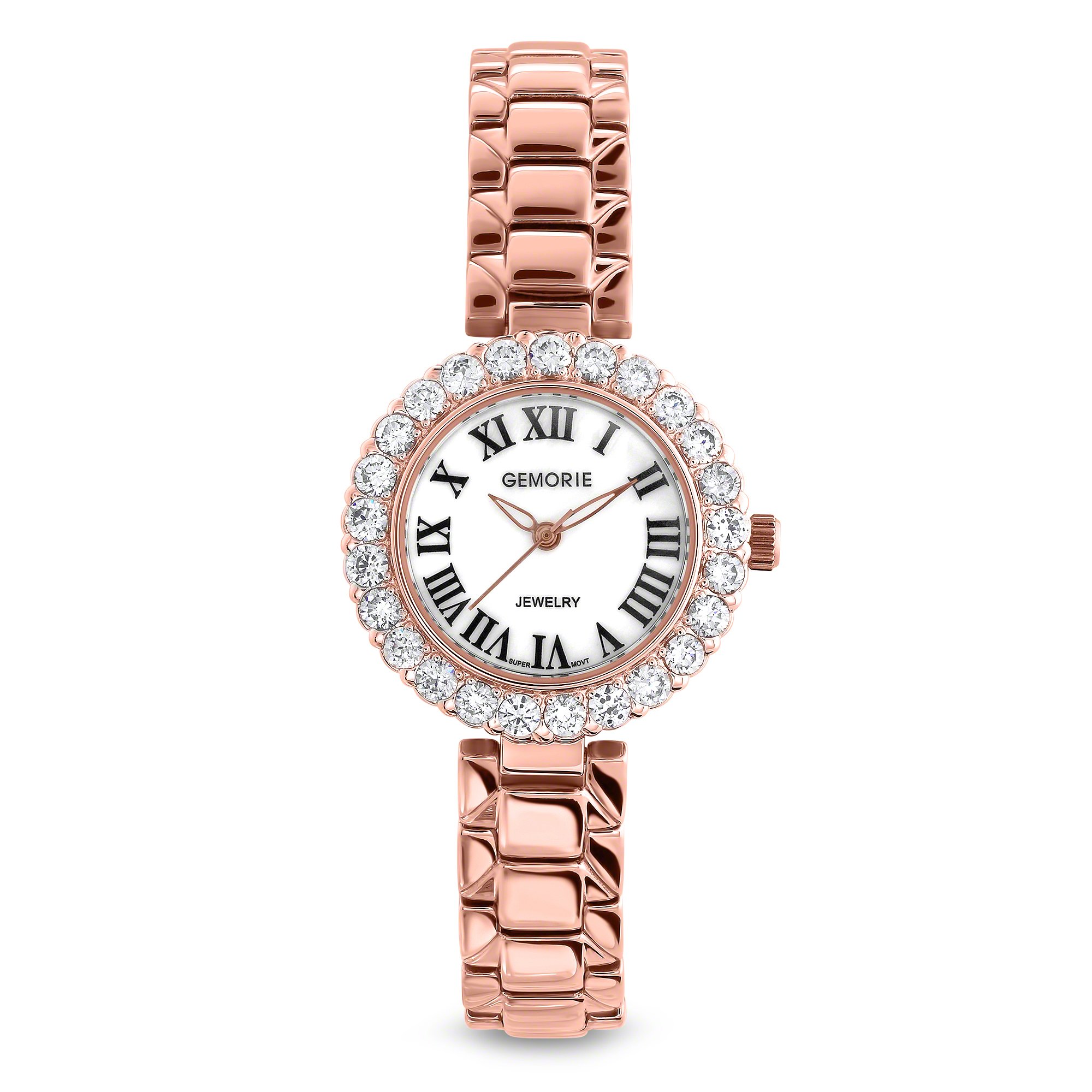 Gemorie Women's Fashion Round Cubic Zirconia Watch - Rose Gold Plated Stainless Steel Band | Elegant Dress Watch for Office, Party & Special Occasions (129096-RG)