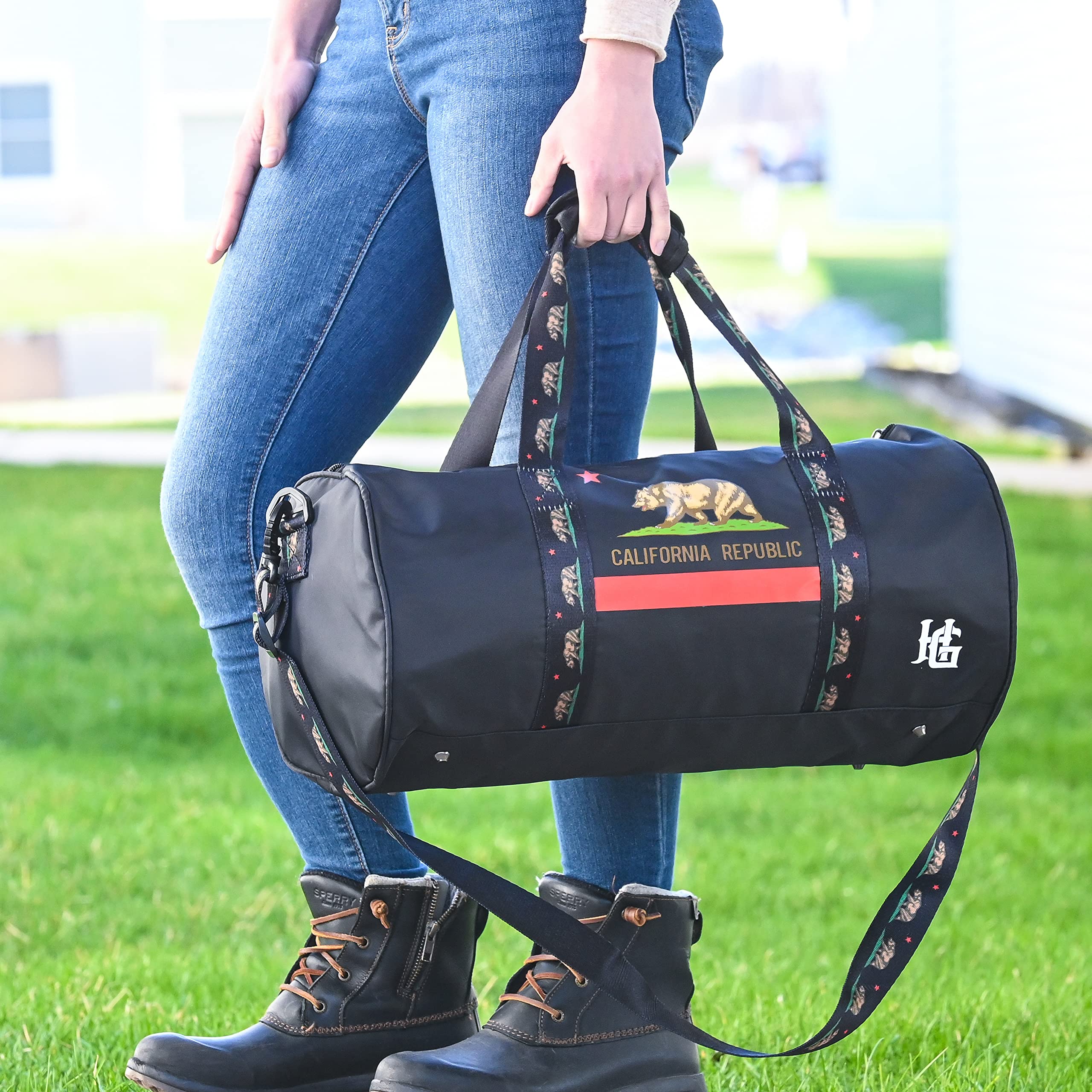 Waterproof Duffle Bag for Travel, Gym & Outdoor Activities - Large Opening, Comfortable Handles - Durable Sports Duffel for Men & Women - Perfect for Camping, Boating & Weekend Getaways (California Republic)