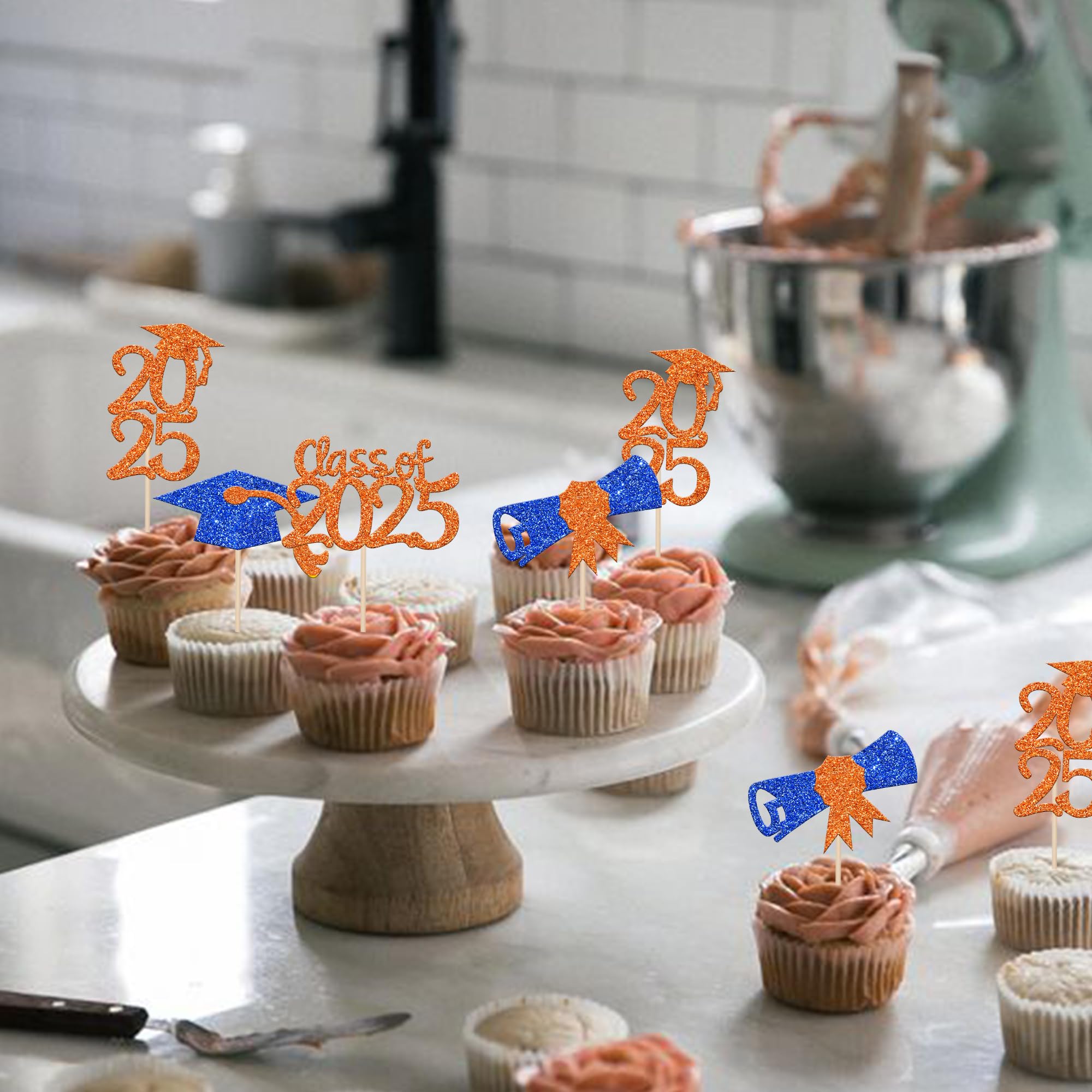 36 PCS 2025 Graduation Cupcake Toppers - Glitter Class of 2025 Cake Decorations with Diploma & Grad Cap - Blue & Orange Party Supplies for Graduation Ceremony, School Celebration & Dessert Table Decor
