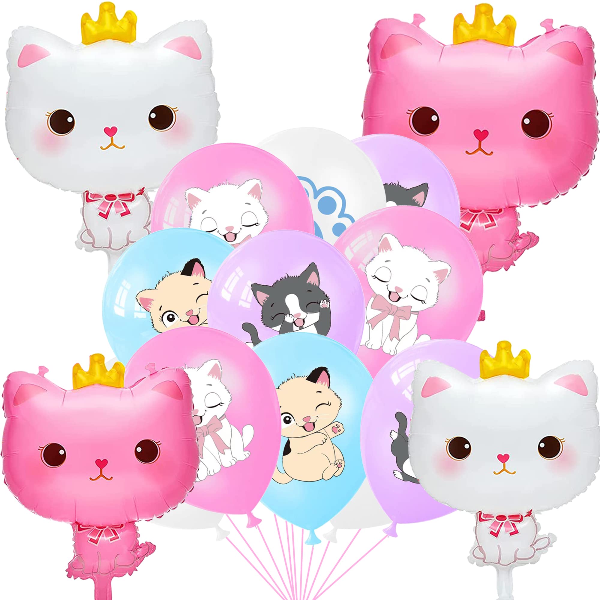 16 Cartoon Cat Print Latex Balloons & 4 Crown Cat Foil Balloons - Kitty Theme Party Decorations for Birthday, Baby Shower, Cat Lover Celebration - Perfect for Indoor/Outdoor Events, Photo Backdrops & Themed Parties