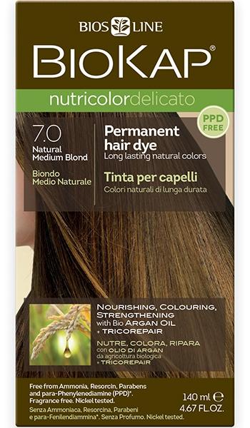 Biokap Nutricolor Delicato 7.0 Natural Medium Blonde Hair Dye - Ammonia-Free & Vegan Formula for Gentle Coloring at Home | Perfect for Brunettes Wanting Lighter Shades
