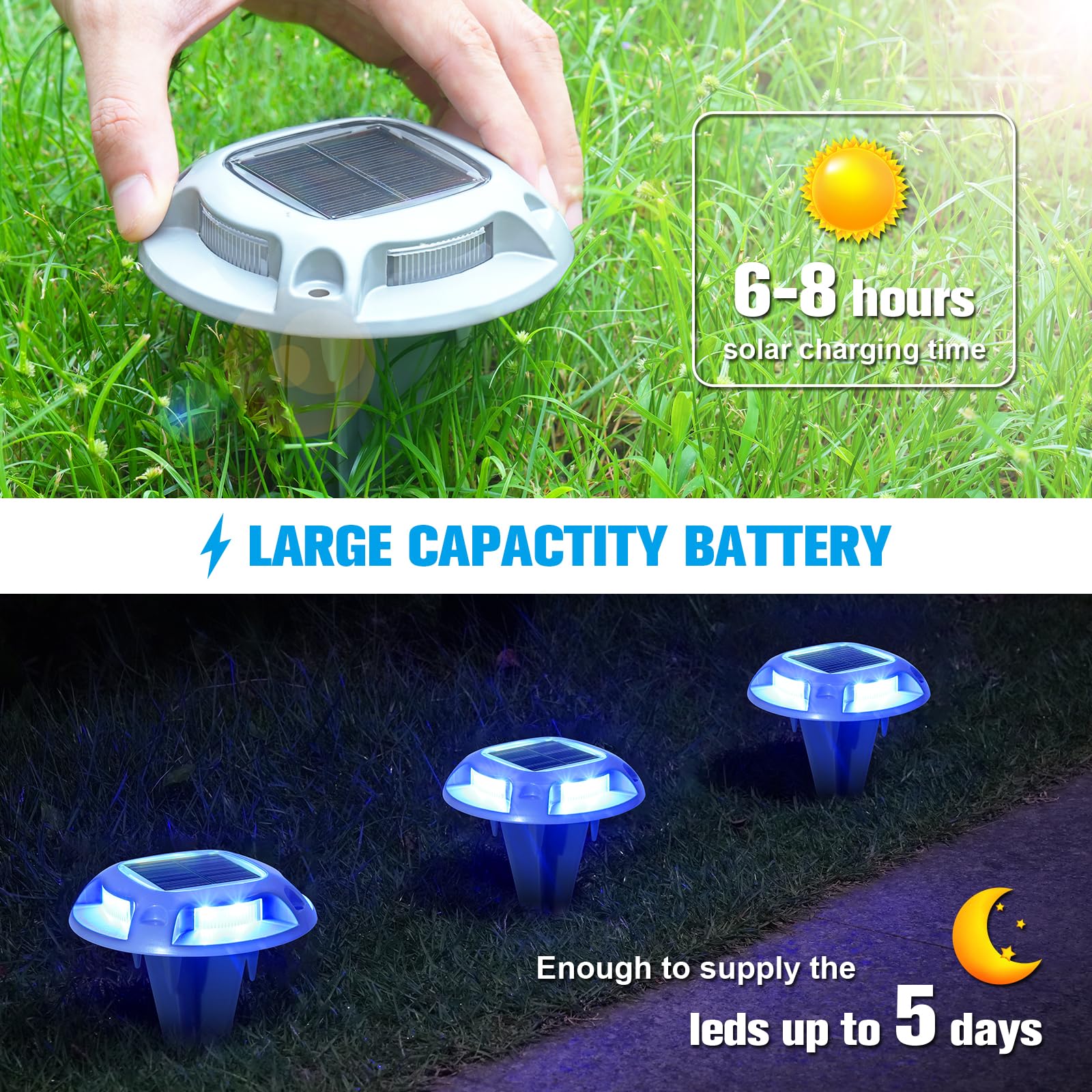 VOLISUN 16 Pack Solar Driveway Lights - 2 in 1 White/Blue LED, IP67 Waterproof Outdoor Step Lights for Driveway, Sidewalk, Pathway, Deck & Dock - Perfect for Night Safety and Landscape Lighting