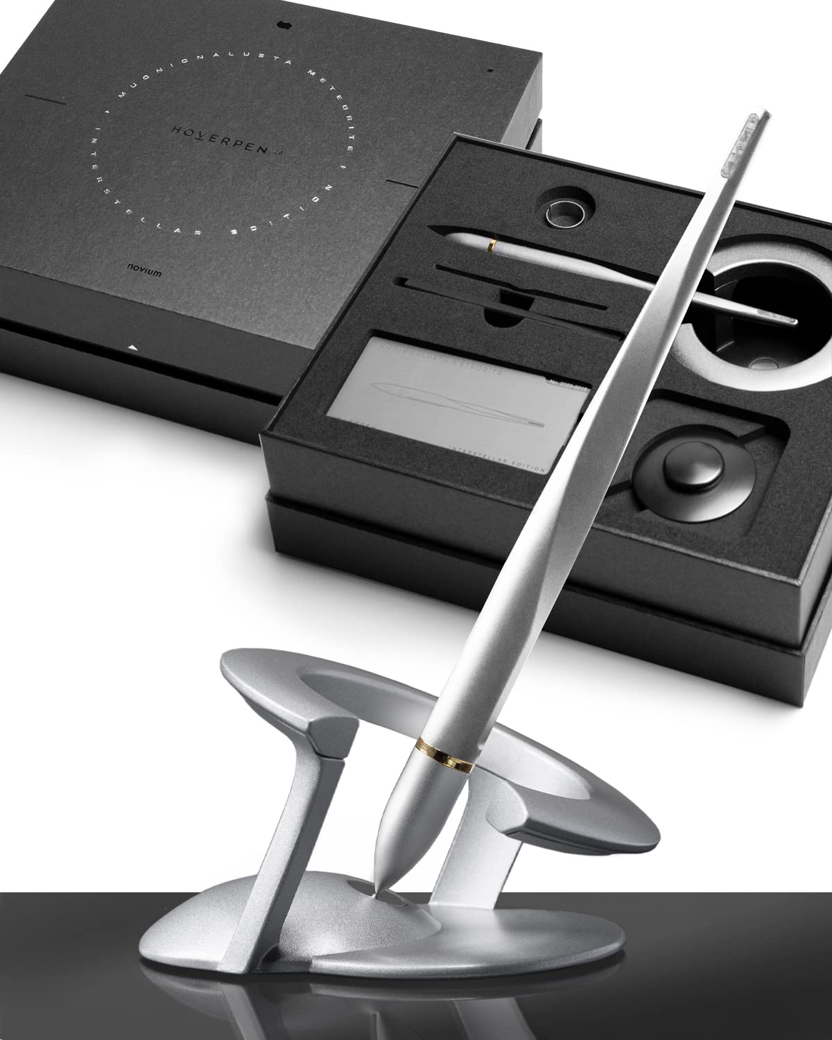 Novium Hoverpen 2.0 - Premium Executive Pen with Aerospace Alloy Body, Meteorite Inlay & Free Spinning Mechanism | Luxury Writing Instrument for Business Gifts, Office Use & Modern Home Decor (Starlight Silver)