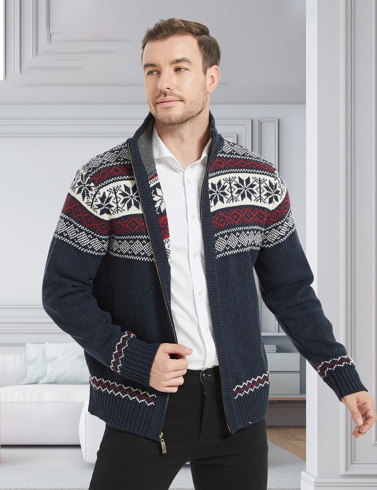 Kedera Men's Stand Collar Cable Knit Cardigan Sweater - Thick Full Zip Patterned Pullover for Casual Wear & Winter Outfits