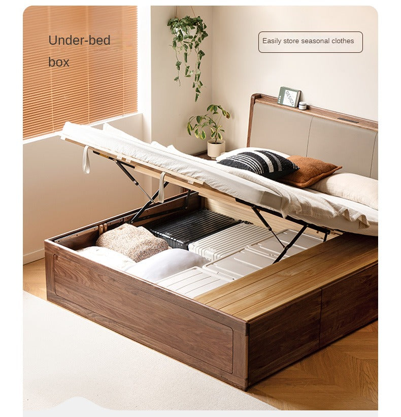 Solid Black Walnut Wood Leather-Upholstered Drawer Box Bed - Nordic Style Platform Bed with Storage for Modern Bedroom