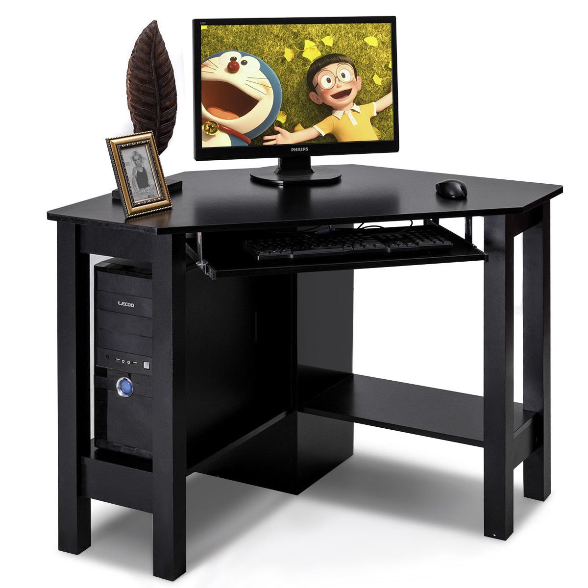 Black Wooden Corner Computer Desk with Slide-Out Keyboard Tray & 2 Storage Compartments | Compact L-Shaped PC Workstation for Home Office, Gaming & Study | Space-Saving Modern Furniture for Small Rooms & Apartments