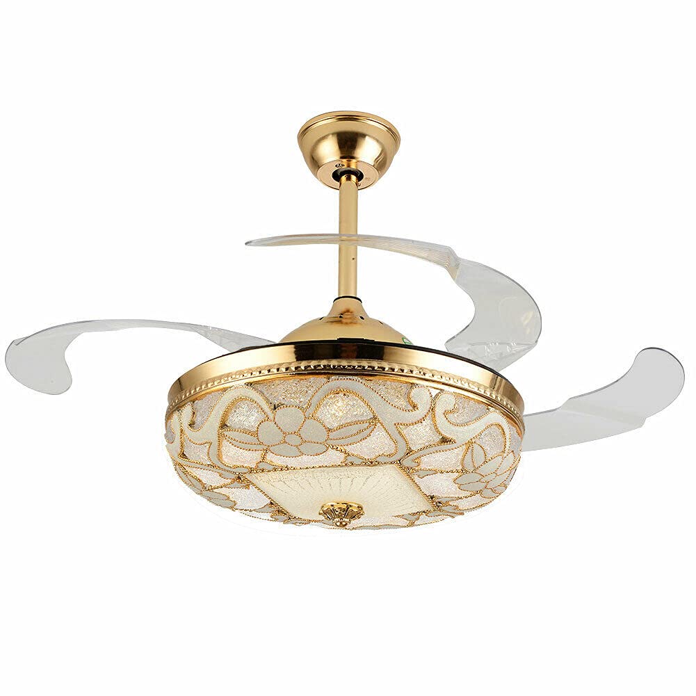42 Inch Gold Ceiling Fan with Light and Remote Control - 4 Retractable Blades, Acrylic Shade, 3 Color Dimmable LED - Perfect for Bedroom, Living Room, Dining Room (Indoor Use)