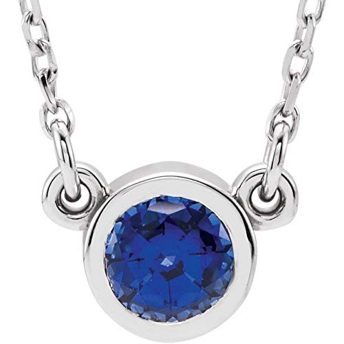 14K White Gold Lab-Created Blue Sapphire Solitaire Necklace - 4mm Round Chatham® Gemstone Bezel-Set Pendant on 16