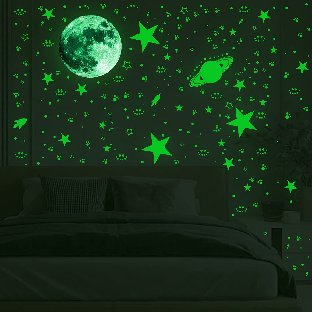 Eilin 946Pcs Glow in The Dark Stars Wall Stickers - Self-Adhesive Green Glowing Space Decals for Ceiling & Walls, Solar System Galaxy Planets Decor for Kids' Bedroom, Nursery & Playroom