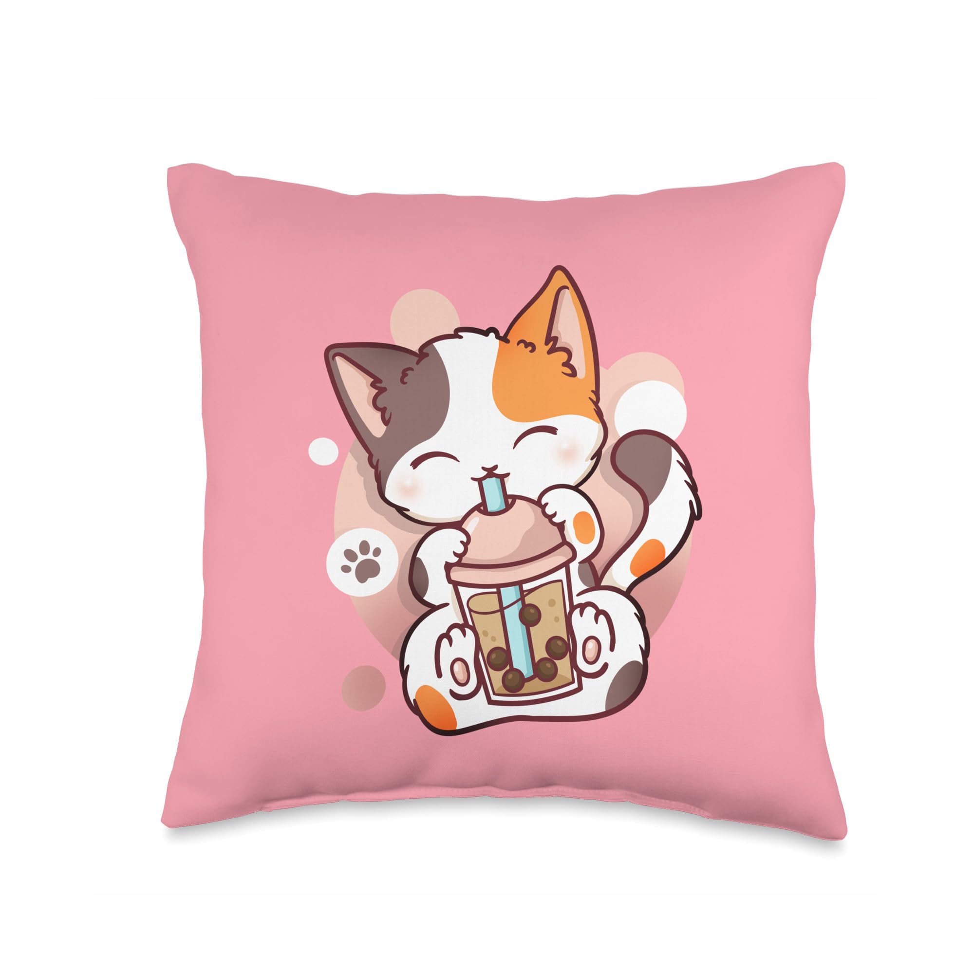 Anime Cat Boba Tea Throw Pillow - Kawaii Neko Bubble Tea Cushion for Bedroom, Living Room, and Office Decor