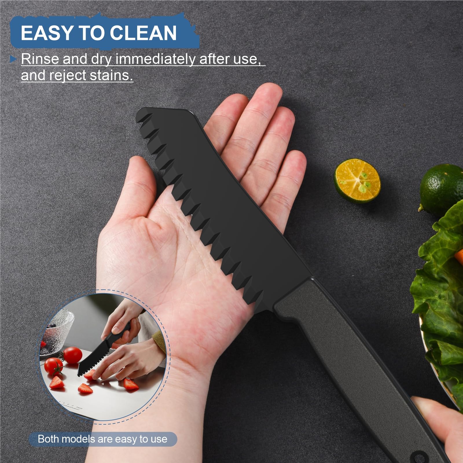 2-Pack Plastic Knives for Nonstick Pans - Serrated Lettuce Knives for Cutting Fruits, Vegetables & Bread - BPA-Free Kitchen Tools for Salad Prep & Baking (Black & Grey) - Perfect for Picnics, Camping & Everyday Cooking