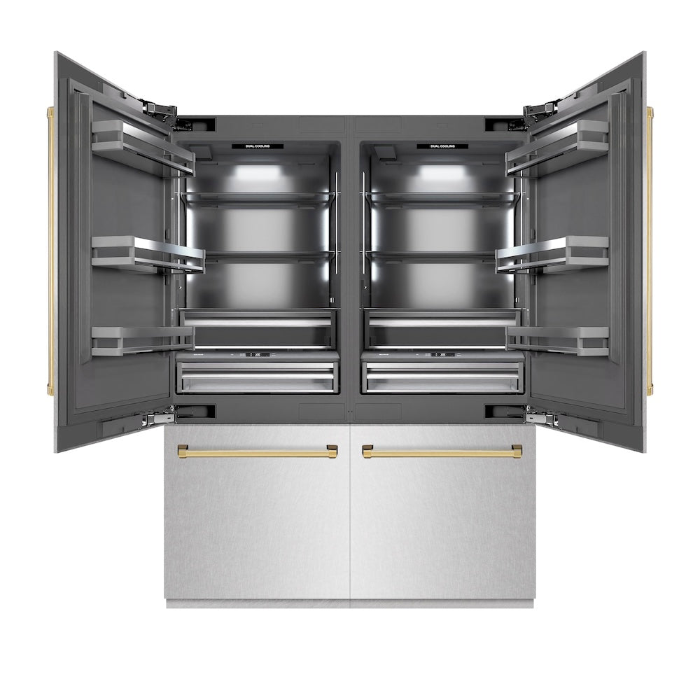 ZLINE Autograph Edition 60-Inch French Door Built-In Refrigerator - 32.2 cu.ft Capacity, Bottom Freezer, Water Dispenser & Ice Maker - Satin Stainless Steel with Graphite Gray Interior & Polished Gold Accents (GRBIVZ SN 60 G) - Perfect for Modern Kitchens & Luxury Homes