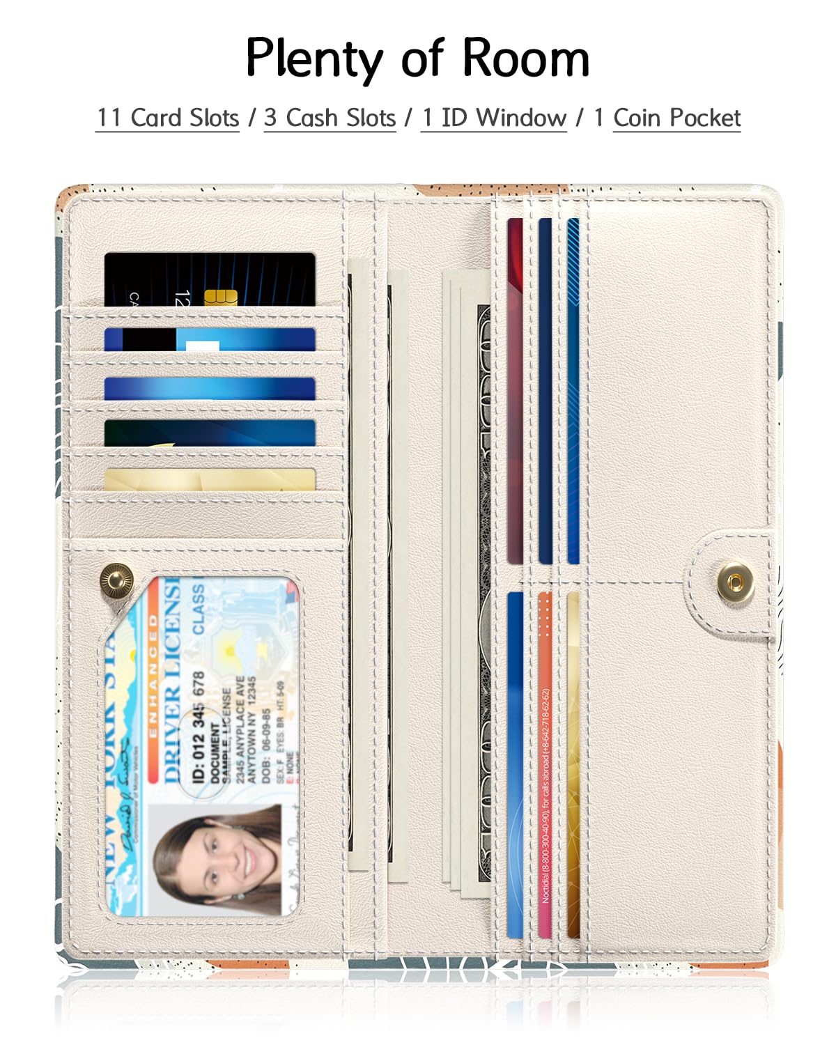 Nipichsha Women's RFID Blocking Slim Wallet - Leather Bifold Credit Card Holder with 11 Card Slots & ID Window - Thin Boho Leaf Design Purse for Everyday Use, Travel & Gift Giving