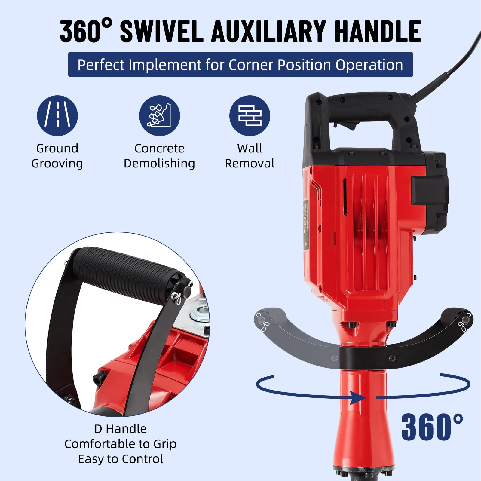 GARVEE 1700W Heavy Duty Demolition Jack Hammer - 1700 BPM Electric Demolition Tool with 3 Chisel Bits, Carrying Case & Safety Gloves - Perfect for Concrete Breaking, Trenching, and Construction Demolition Work