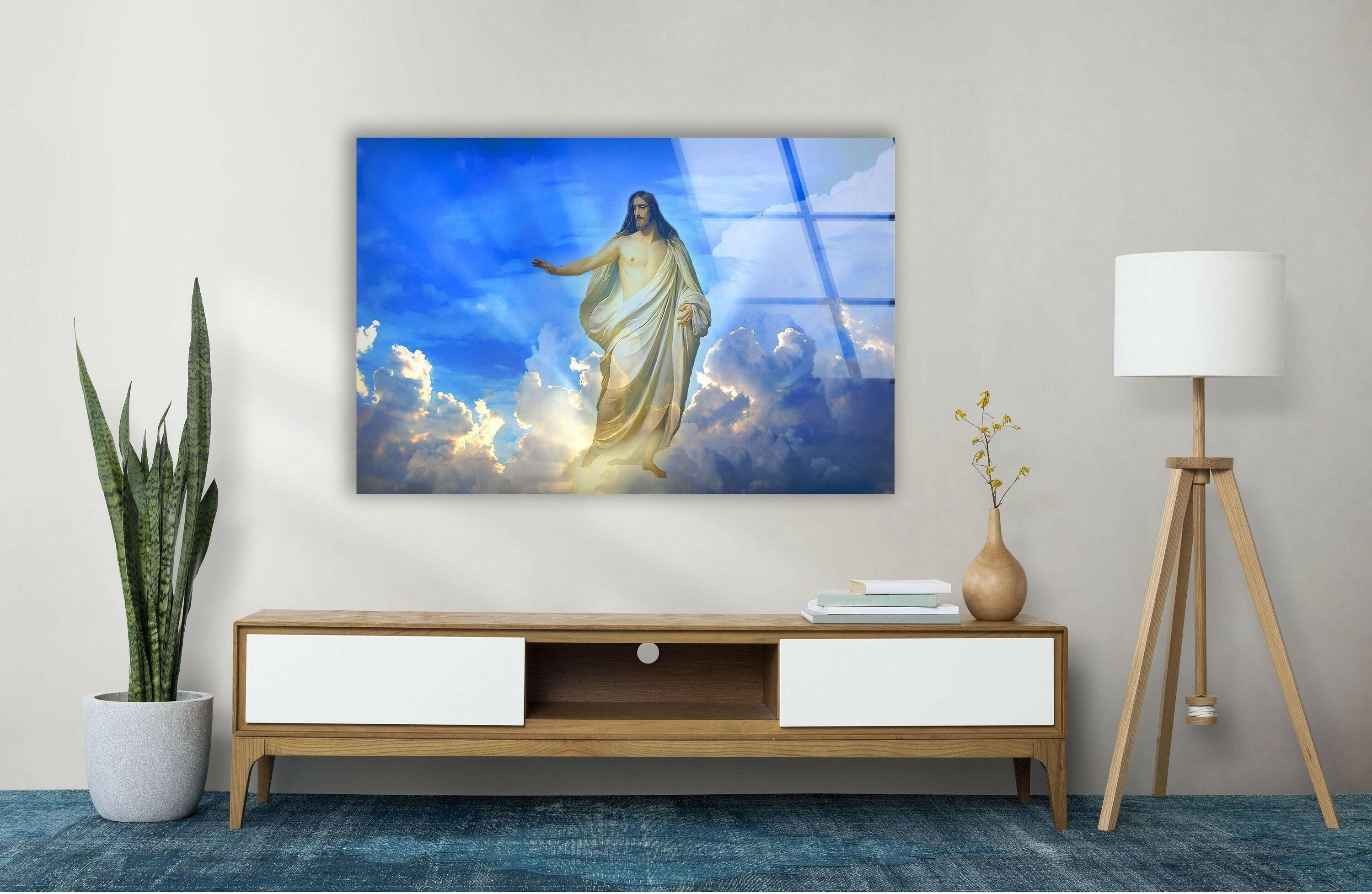 Blue Christian Jesus Cross Glass Wall Art - Handmade Religious Home Decor for Church, Bedroom & Office - Perfect Gift for Faithful Believers