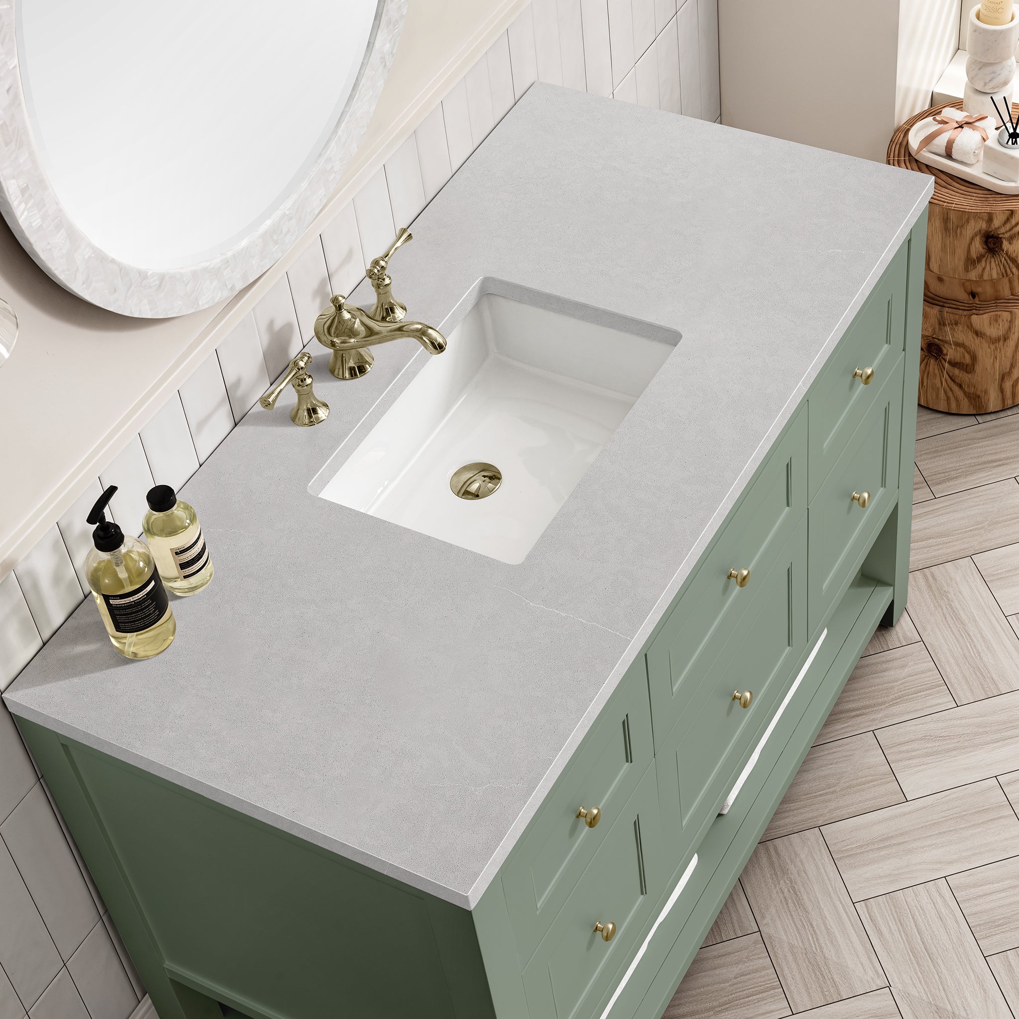 Breckenridge 48 Inch Single Bathroom Vanity with Smokey Celadon Finish & 3CM Eternal Serena Quartz Top - Perfect for Modern Master Bathrooms & Guest Powder Rooms