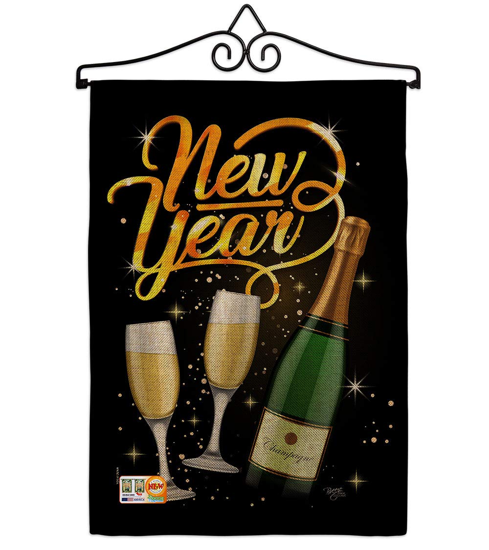 Cheers to Happy New Year Burlap Garden Flag Set - Double-Sided 13x18.5 Inch USA Made Wall Hanger, Clock Countdown, Champagne & Fireworks Design - Perfect for Yard, House, Party Decor & Holiday Gifts