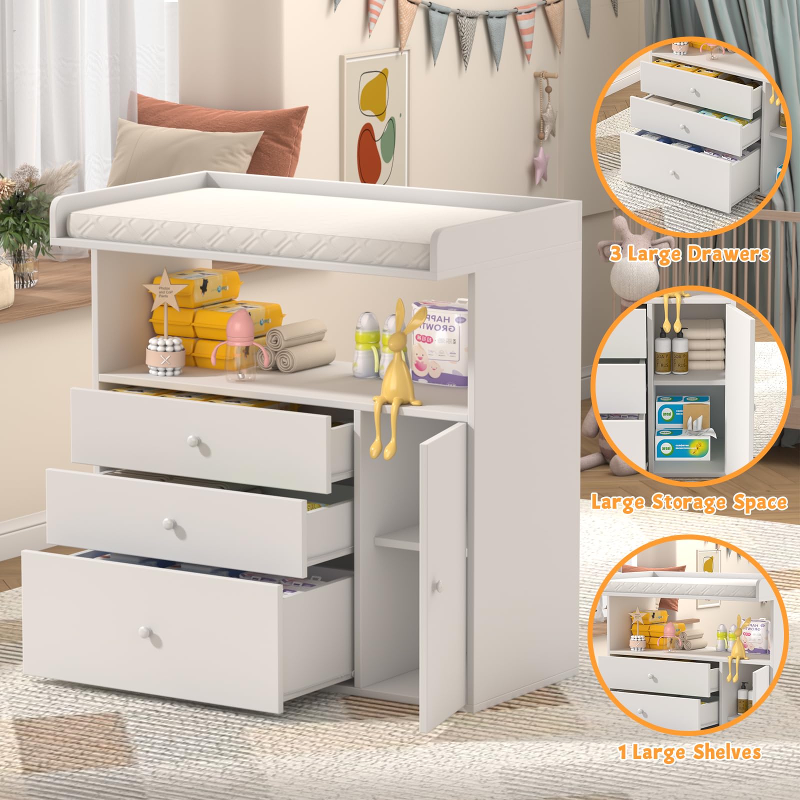 Baby Changing Table Dresser with Wide Tabletop - 3 Drawers & 1 Cabinet Storage - Nursery Organizer with Changing Pad Area - Perfect for Baby Bedrooms, Daycare & Gift Registry Essentials