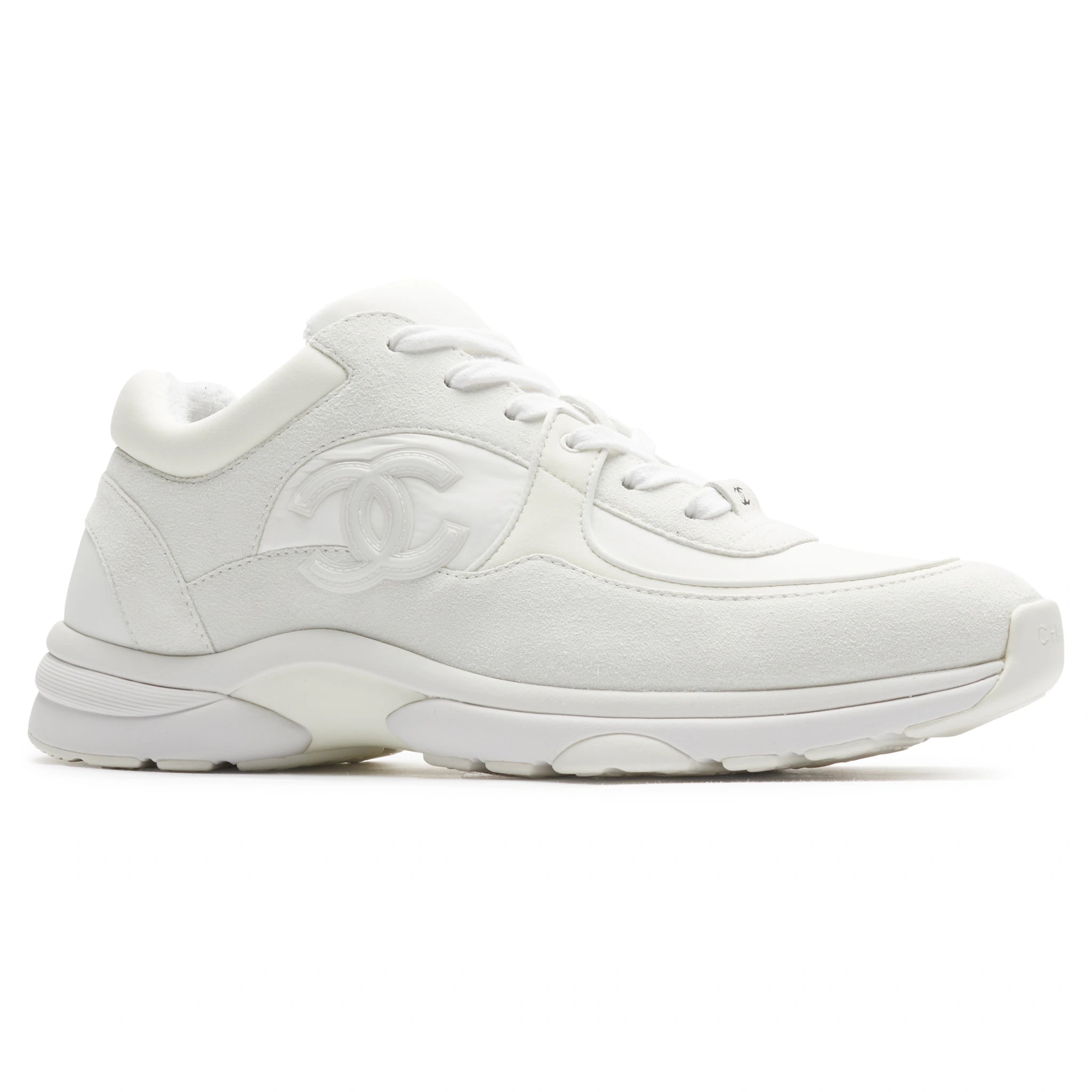 Chanel CC Logo Triple White Nylon Reflective Sneakers - Vintage Pre-Owned Luxury Shoes for Women | Perfect for Casual Outfits, Street Style & Fashion Events