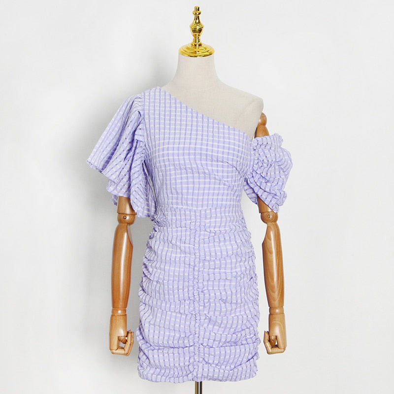 **Women's Asymmetrical Patchwork Ruffle Dress - Skew Collar Short Sleeve High Waist Slim Fit Summer Dress for Casual Outings & Date Nights**