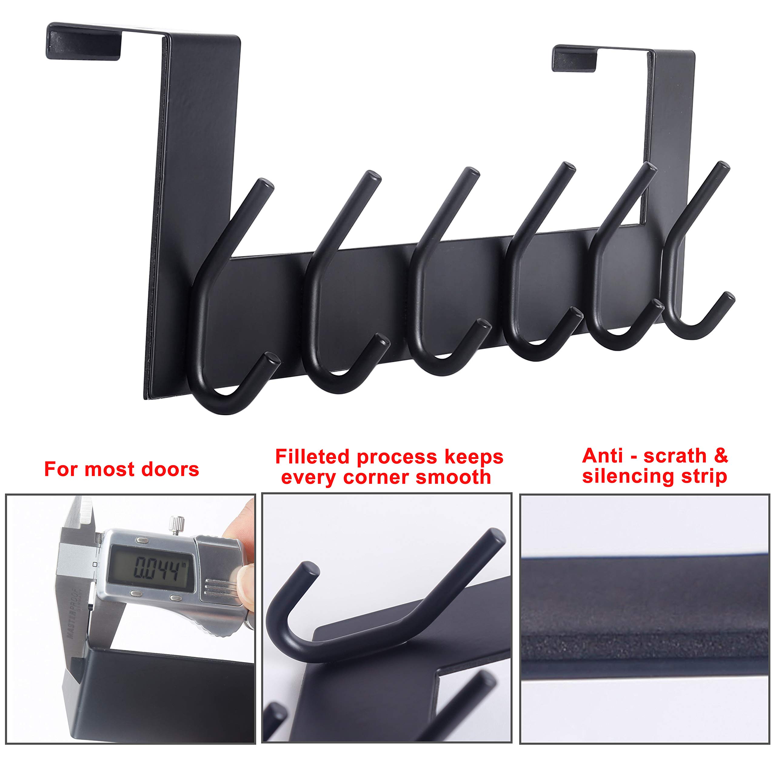 Stainless Steel Over Door Hook Hanger - 6 Hooks for Coats, Hats & Robes - Space Saving Storage