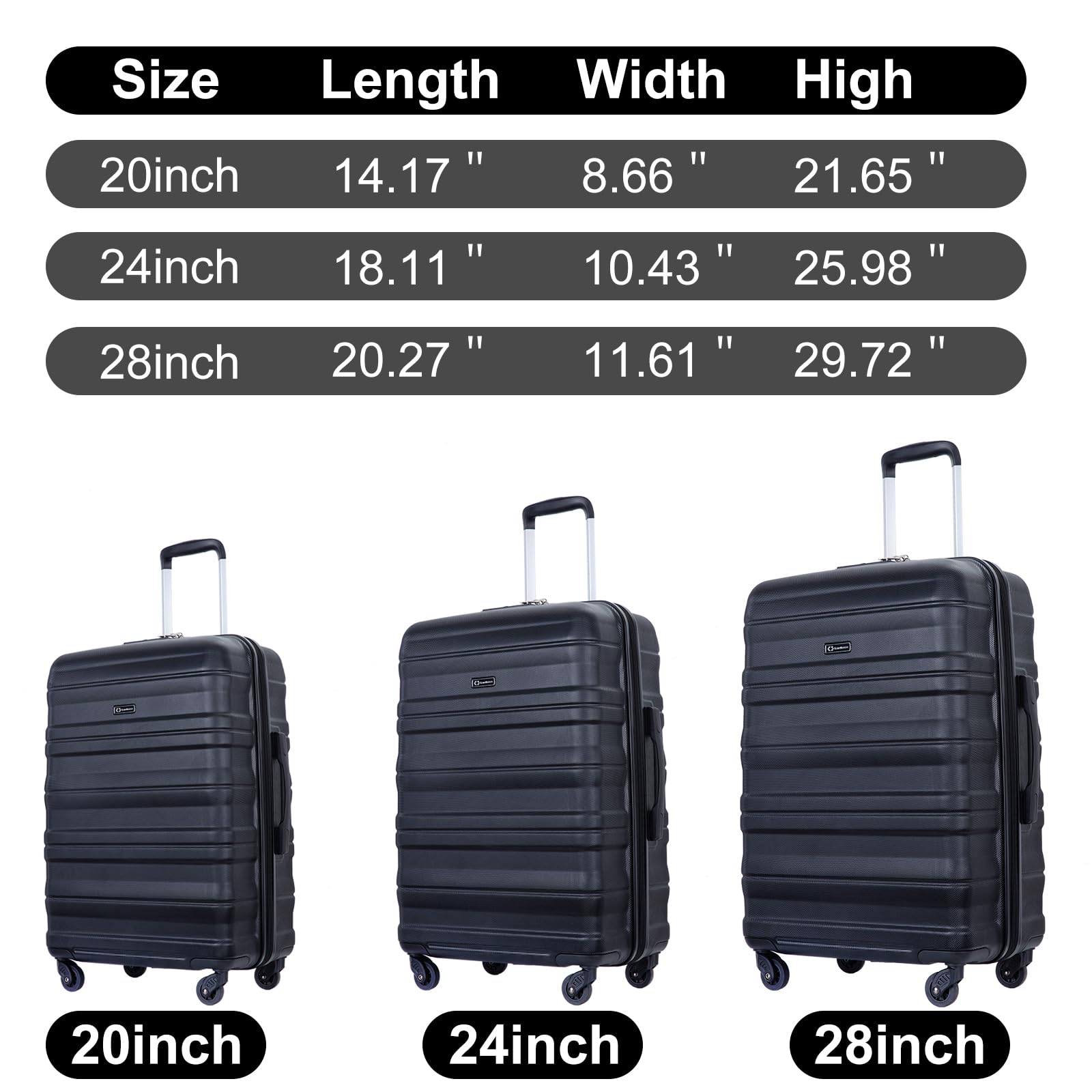 Travelhouse 3-Piece Hardshell Luggage Set with Spinner Wheels & TSA Lock (20in, 24in, 28in) - Expandable Suitcases for Women in Black - Perfect for International Travel, Business Trips & Family Vacations