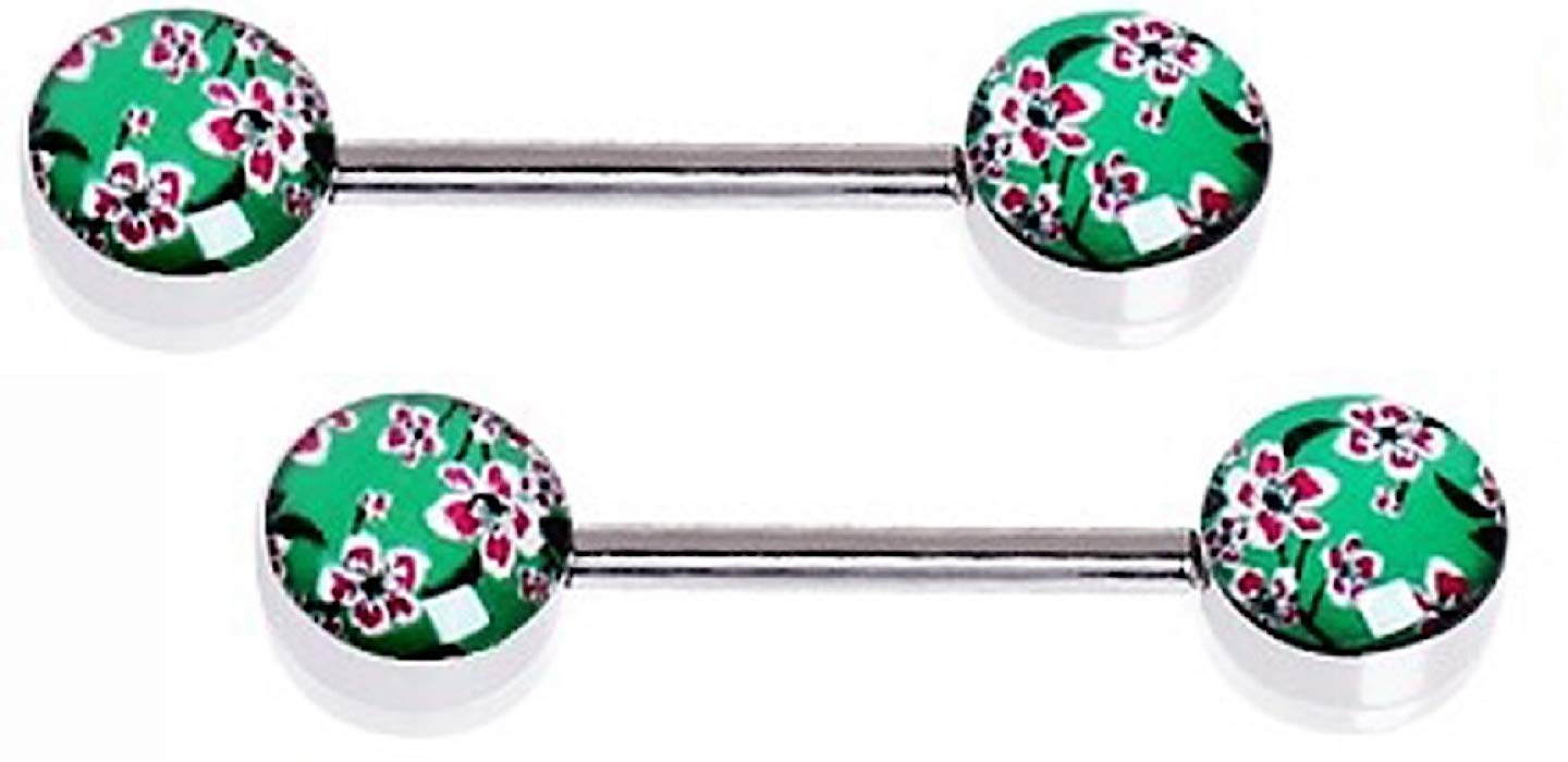 14G Cherry Blossom Nipple Ring Barbell - Green Surgical Steel Body Jewelry Pair for Women | Perfect for Piercing, Body Modification & Alternative Fashion