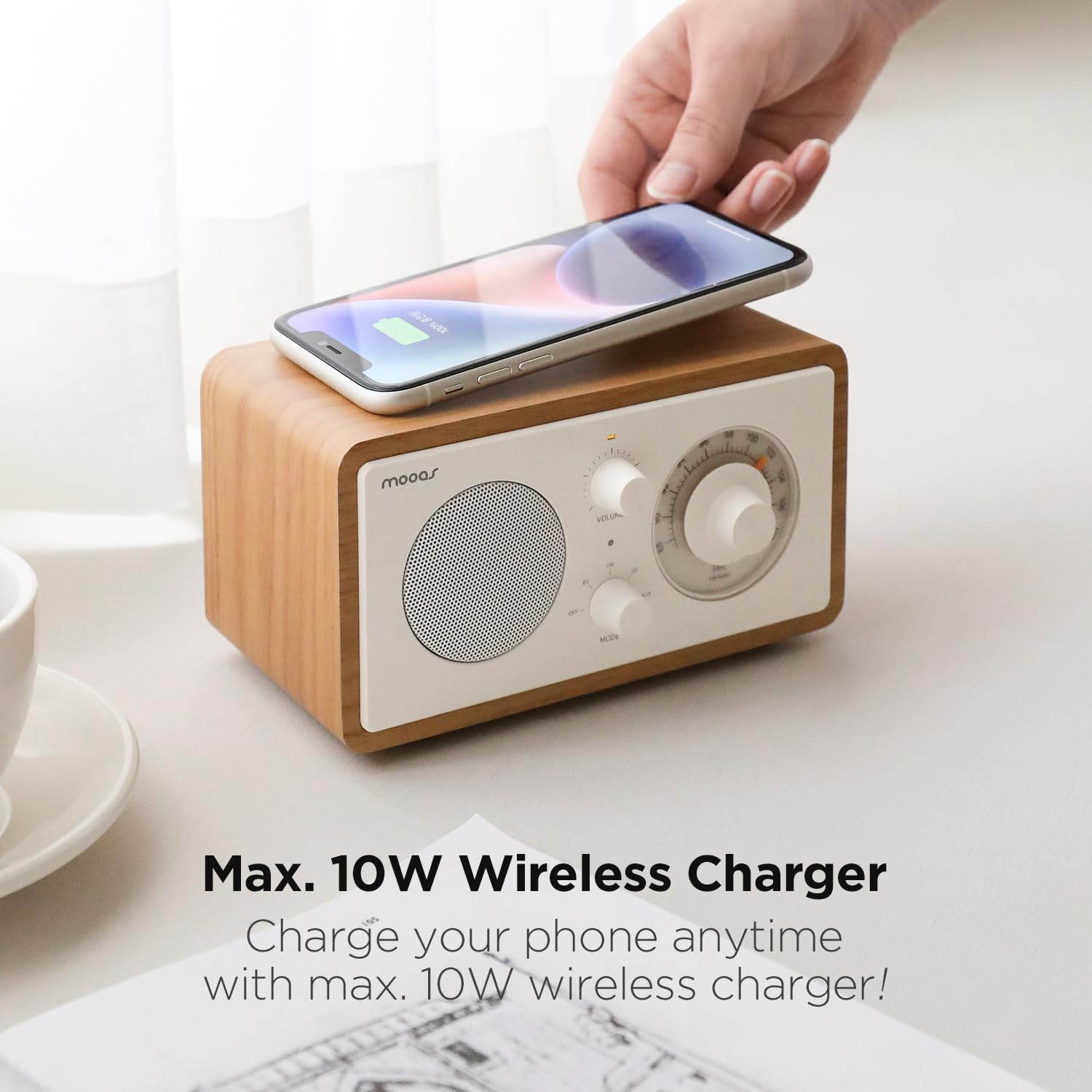 Mooas Retro Bluetooth Speaker with Wireless Charging - 10W Fast Charger, FM Radio, SD/Aux Input, Analog Volume Knob - Compatible with iPhone, Galaxy, Airpods, Galaxy Buds - Perfect for Home, Office & Outdoor Use
