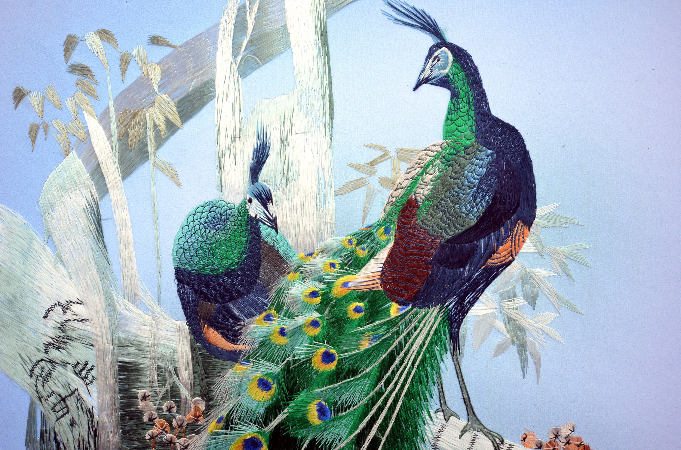 Grace Art Handmade Large Asian Silk Embroidery Wall Hanging - Peacock Tree Design for Home Decor | Perfect for Living Room, Bedroom & Office Wall Art